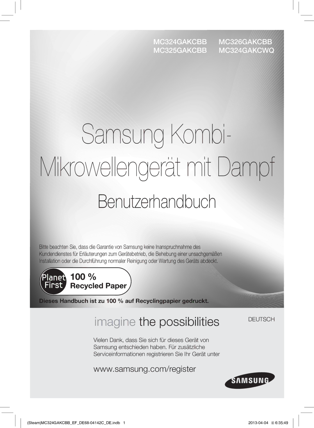 Samsung MC324GAKCBB/EF manual Mikrowellengerät mit Dampf, Dieses Handbuch ist zu 100 % auf Recyclingpapier gedruckt 