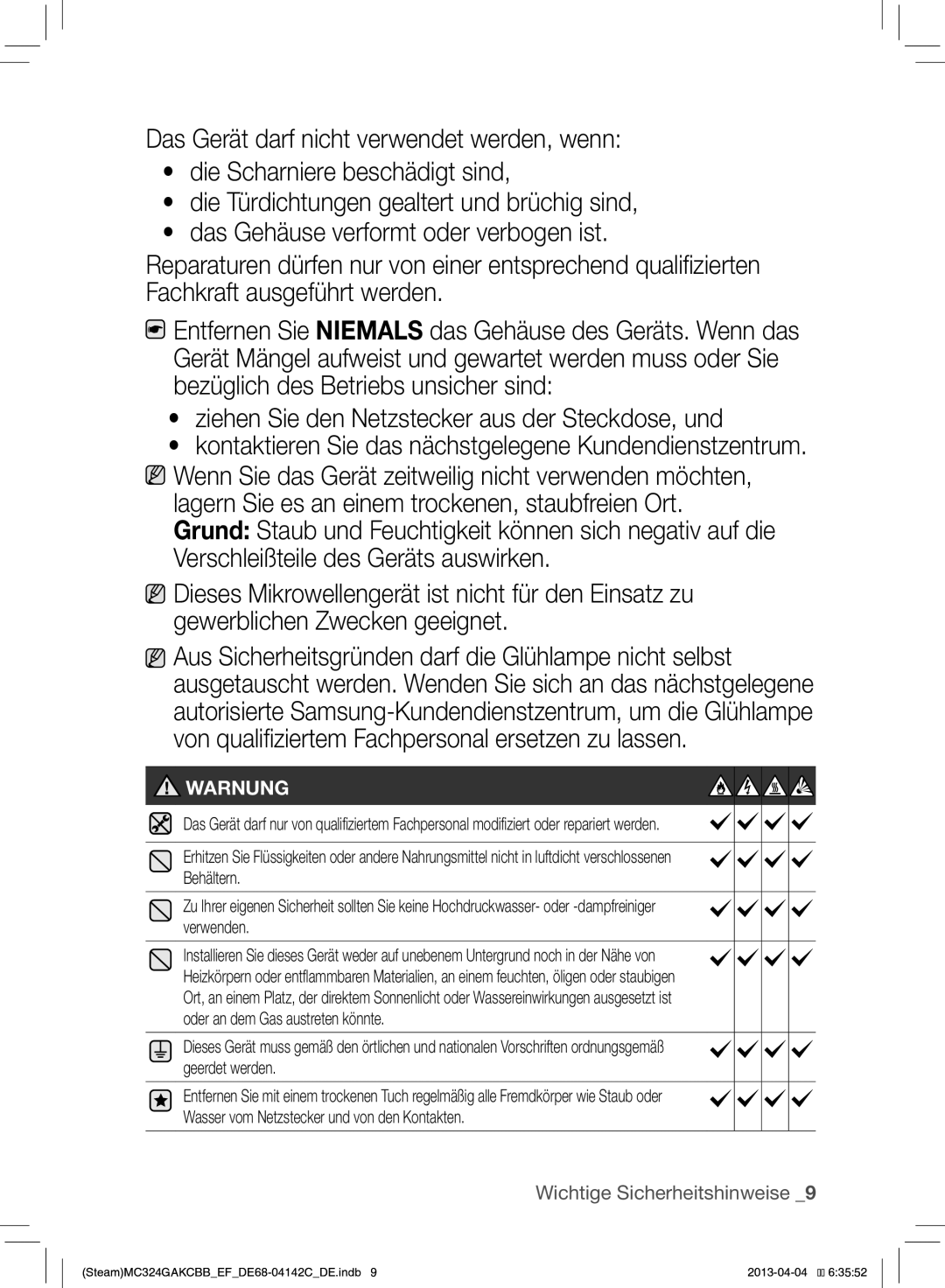 Samsung MC324GAKCBB/EF manual Warnung 