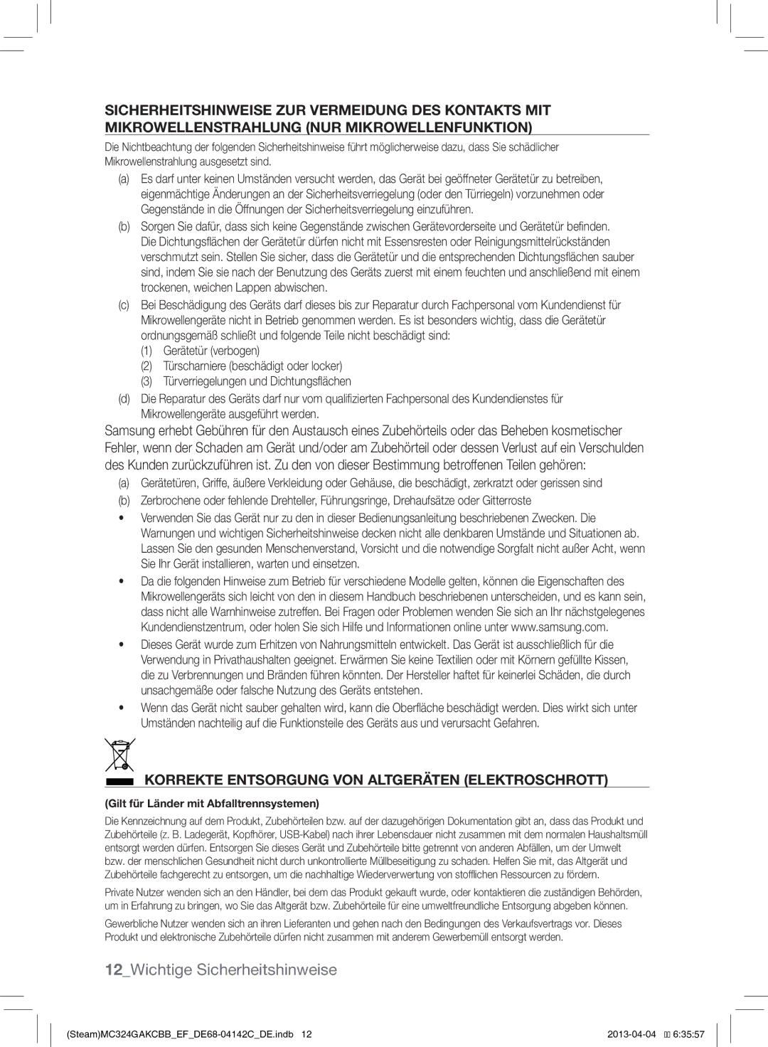 Samsung MC324GAKCBB/EF manual 12Wichtige Sicherheitshinweise, Korrekte Entsorgung VON Altgeräten Elektroschrott 