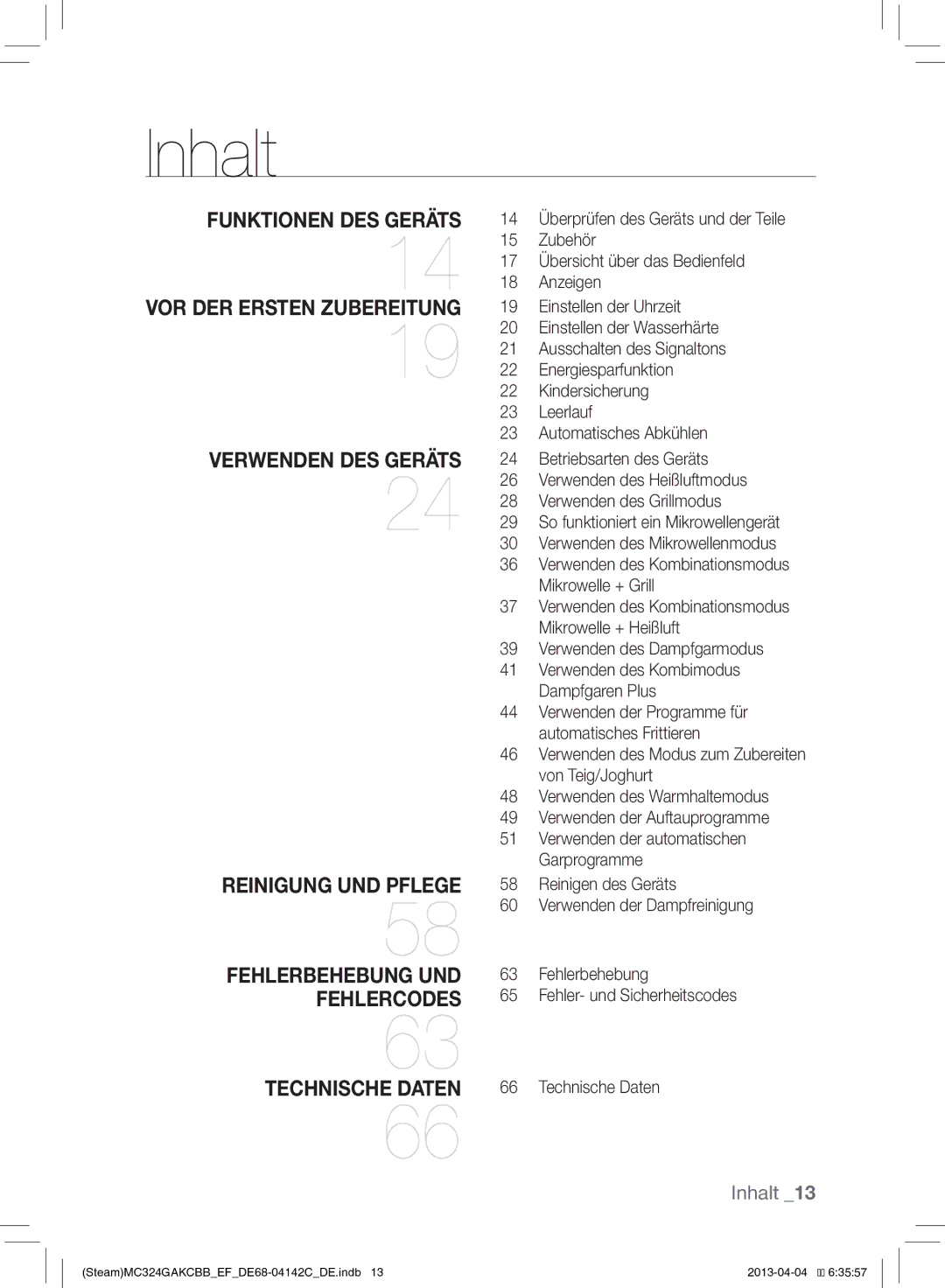 Samsung MC324GAKCBB/EF manual Inhalt, Verwenden des Dampfgarmodus, Verwenden der Programme für automatisches Frittieren 