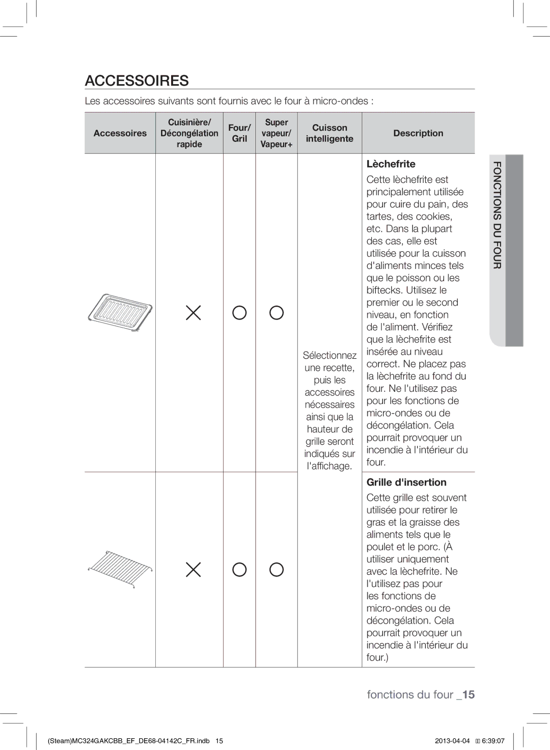 Samsung MC324GAKCBB/EF manual Accessoires, Lèchefrite, Grille dinsertion 