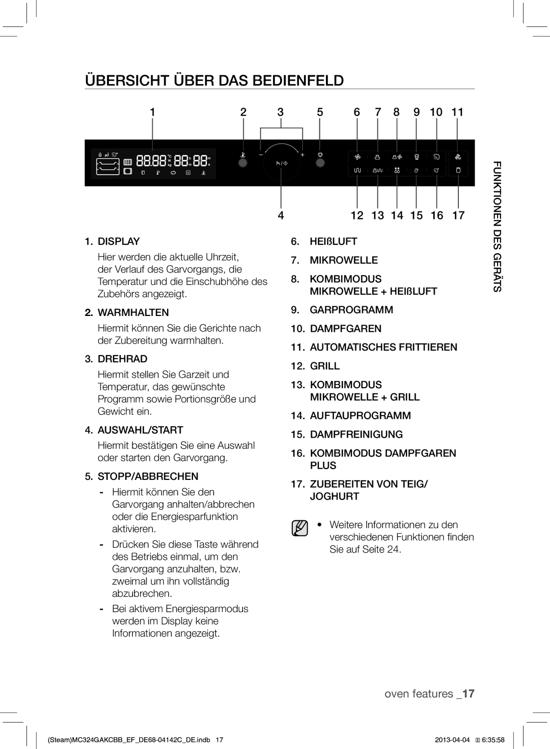 Samsung MC324GAKCBB/EF manual Übersicht Über DAS Bedienfeld, Kombimodus Mikrowelle + HEIßLUFT 