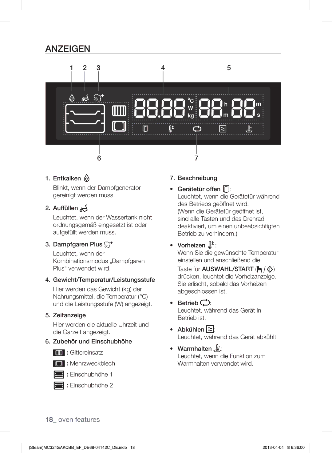 Samsung MC324GAKCBB/EF Anzeigen, Entkalken Beschreibung, Vorheizen, Blinkt, wenn der Dampfgenerator gereinigt werden muss 