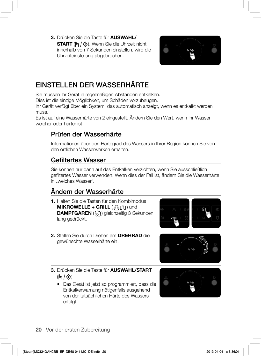 Samsung MC324GAKCBB/EF Einstellen DER Wasserhärte, Prüfen der Wasserhärte, Gefiltertes Wasser, Ändern der Wasserhärte 