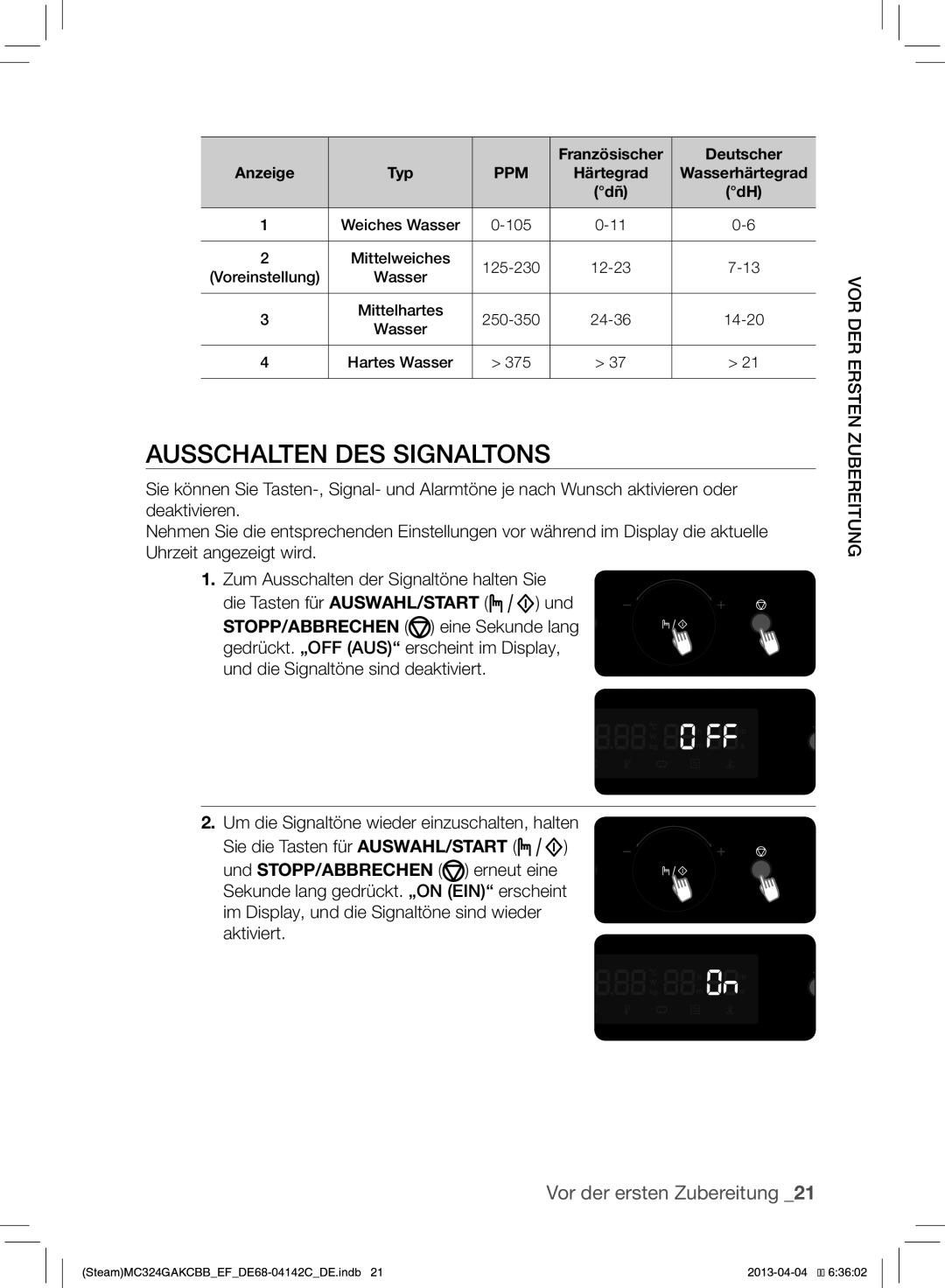 Samsung MC324GAKCBB/EF Ausschalten DES Signaltons, Deutscher, Mittelweiches 125-230 12-23, Mittelhartes 250-350 24-36 