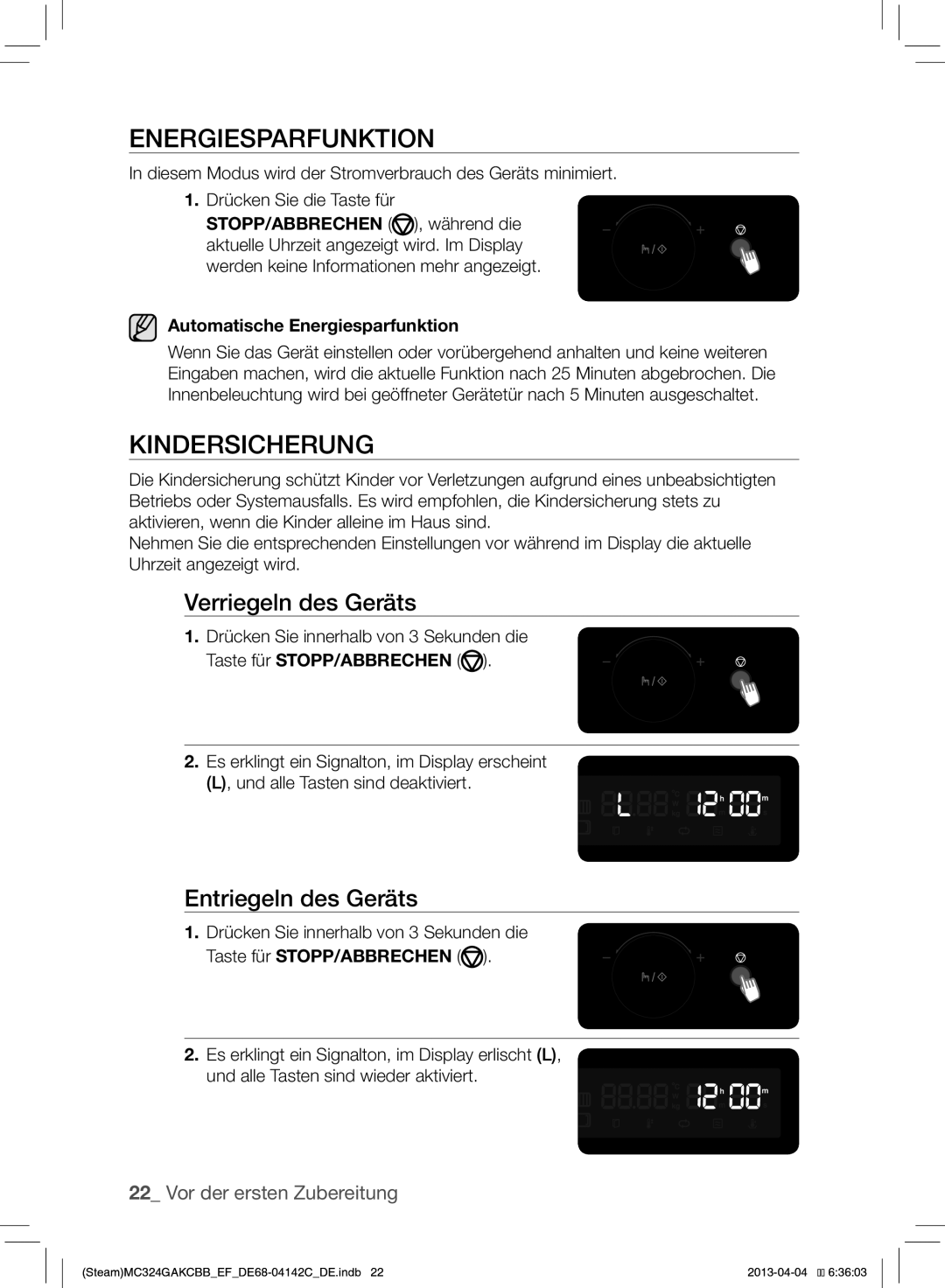 Samsung MC324GAKCBB/EF manual Energiesparfunktion, Kindersicherung, Verriegeln des Geräts, Entriegeln des Geräts 