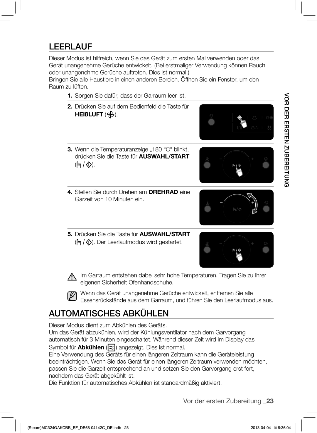 Samsung MC324GAKCBB/EF manual Leerlauf, Automatisches Abkühlen, HEIßLUFT, Dieser Modus dient zum Abkühlen des Geräts 