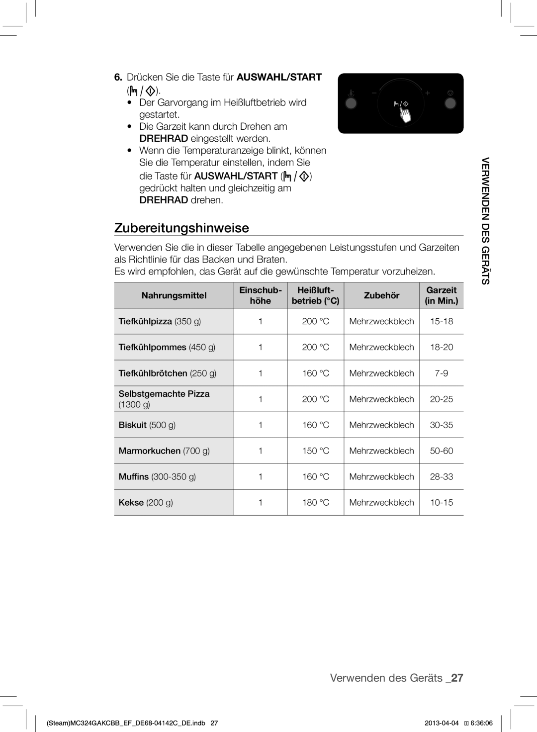 Samsung MC324GAKCBB/EF manual Zubereitungshinweise, Nahrungsmittel Einschub Heißluft Zubehör Garzeit 