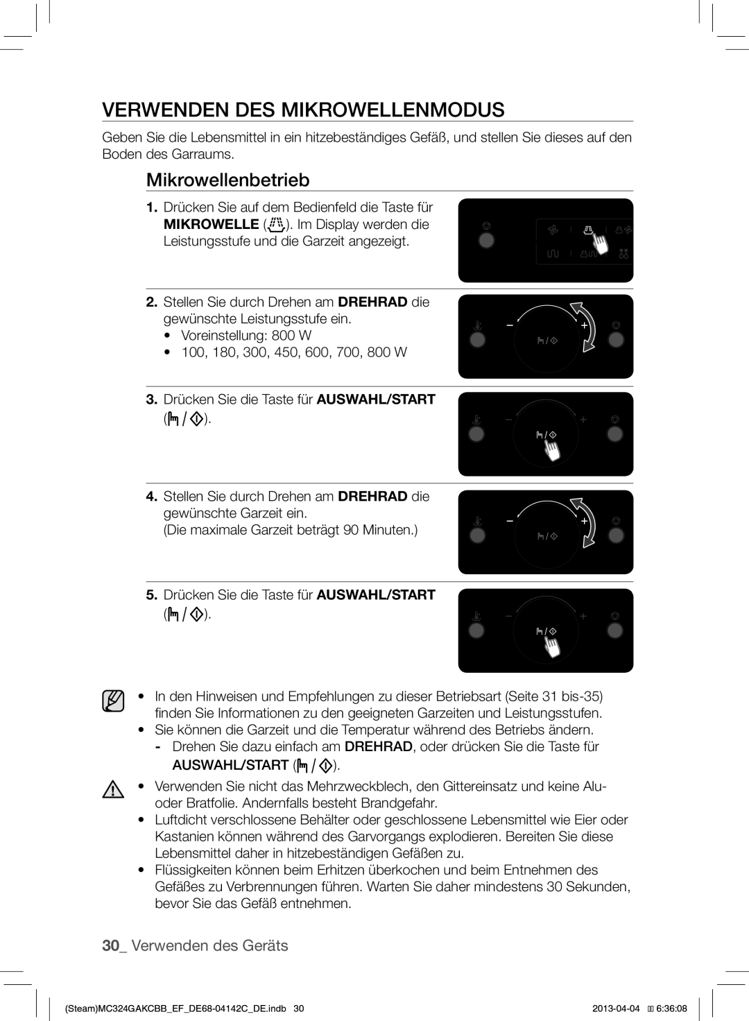 Samsung MC324GAKCBB/EF manual Verwenden DES Mikrowellenmodus, Mikrowellenbetrieb 