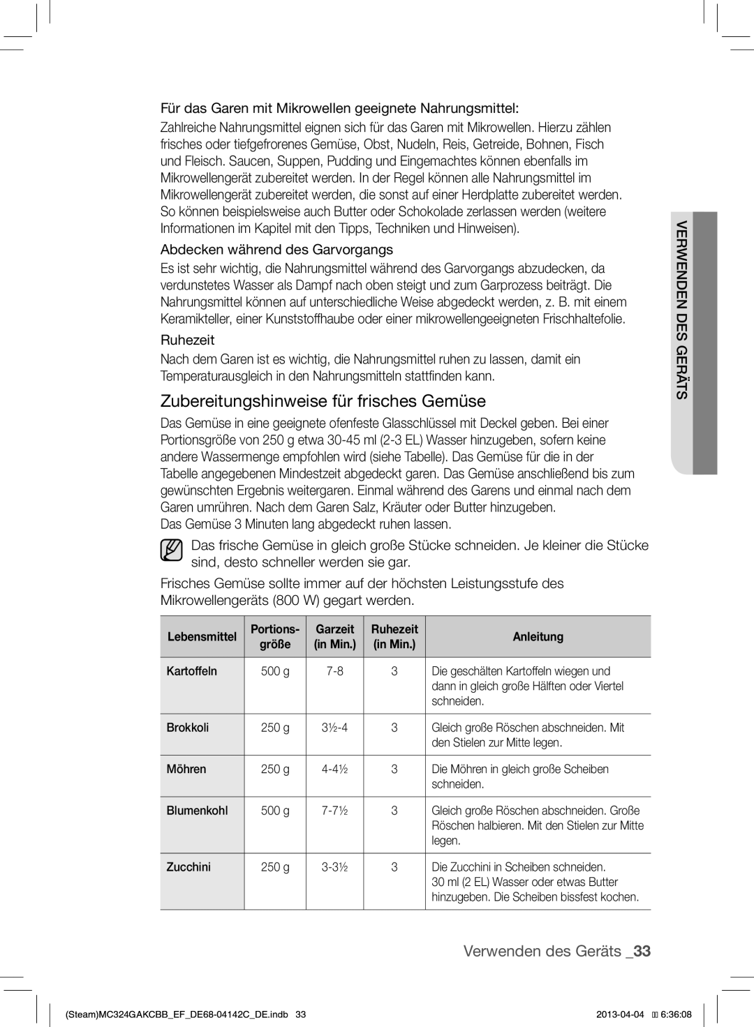 Samsung MC324GAKCBB/EF Zubereitungshinweise für frisches Gemüse, Für das Garen mit Mikrowellen geeignete Nahrungsmittel 