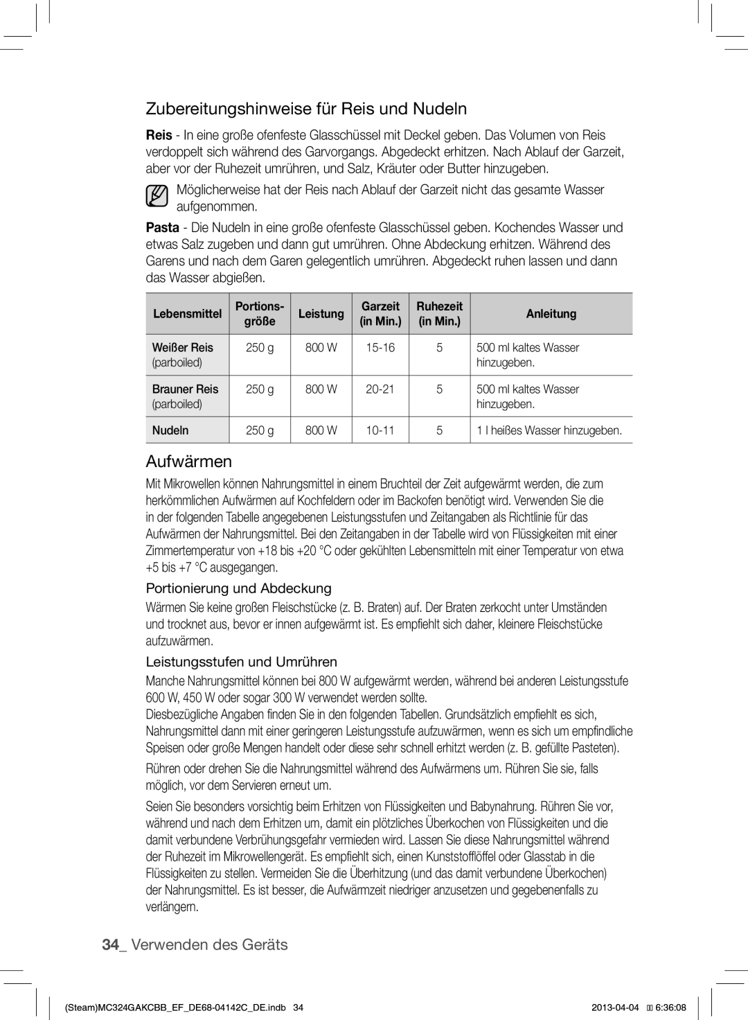 Samsung MC324GAKCBB/EF manual Zubereitungshinweise für Reis und Nudeln, Aufwärmen 