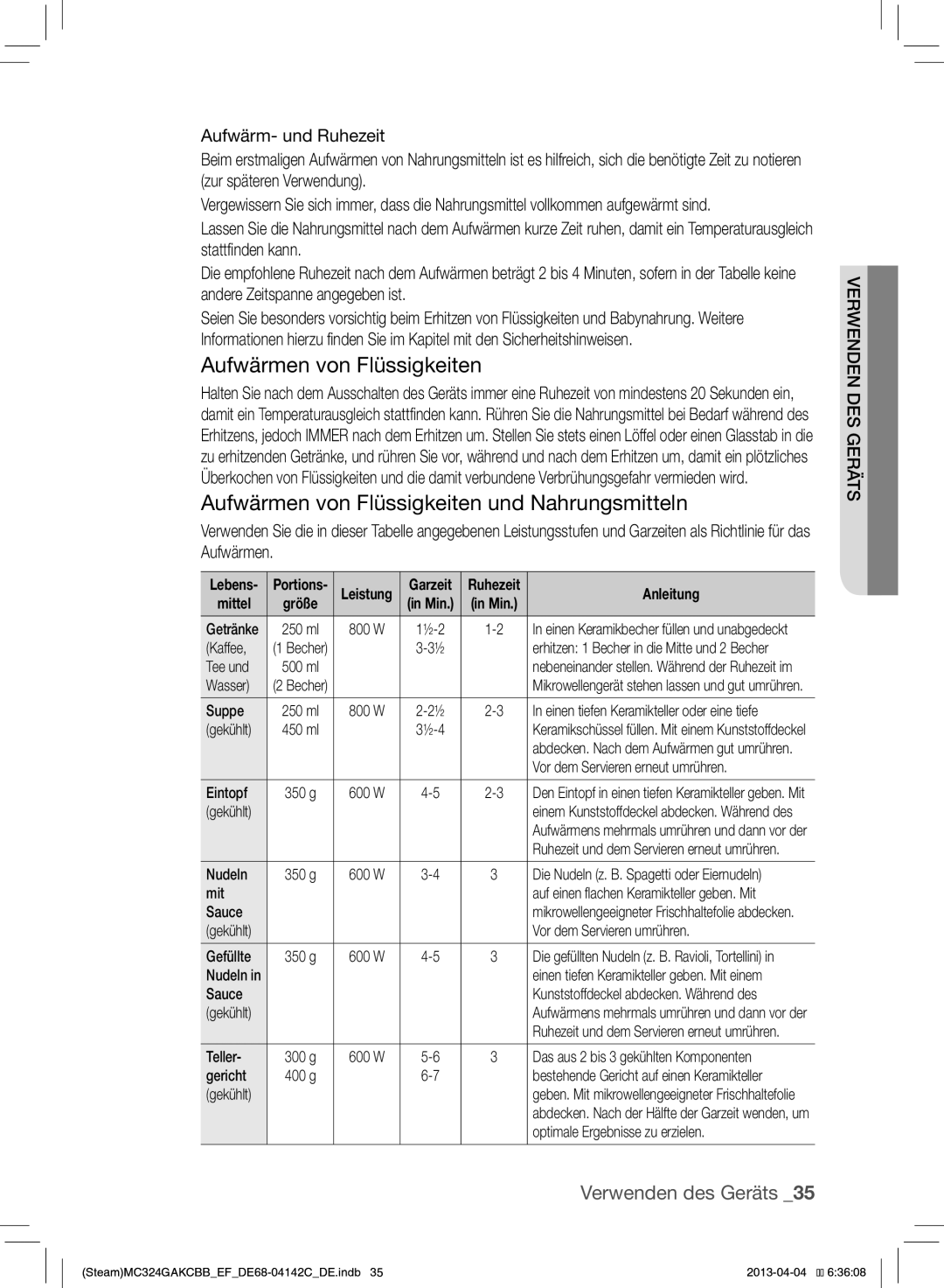 Samsung MC324GAKCBB/EF manual Aufwärmen von Flüssigkeiten und Nahrungsmitteln, Mittel 