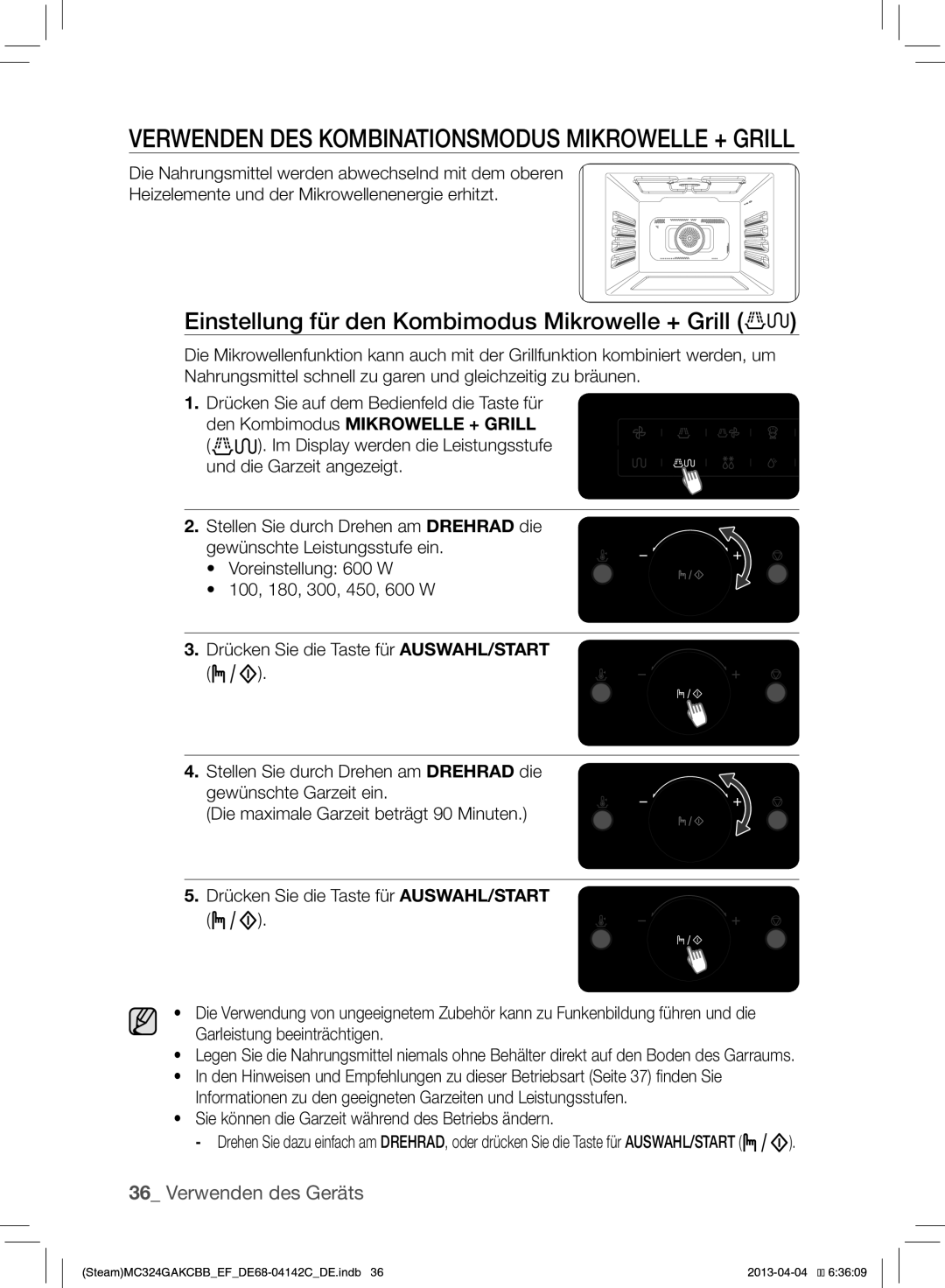 Samsung MC324GAKCBB/EF manual Verwenden DES Kombinationsmodus Mikrowelle + Grill, Den Kombimodus Mikrowelle + Grill 