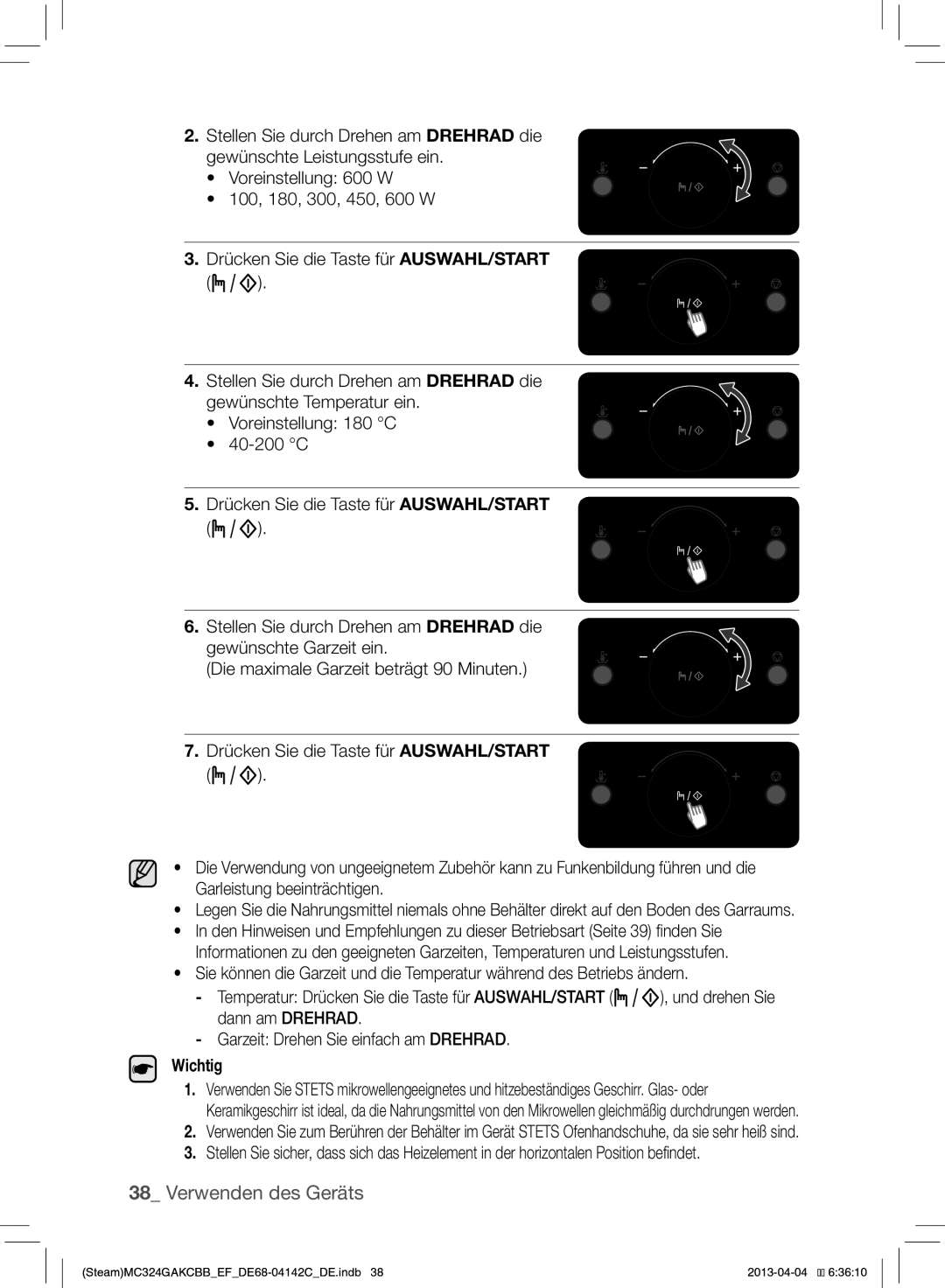 Samsung MC324GAKCBB/EF manual Dann am Drehrad Garzeit Drehen Sie einfach am Drehrad, Wichtig 