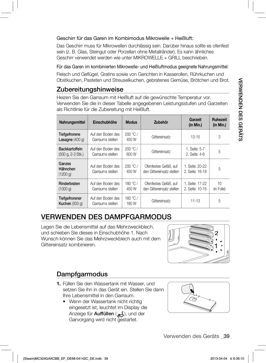 Samsung MC324GAKCBB/EF manual Verwenden DES Dampfgarmodus, Geschirr für das Garen im Kombimodus Mikrowelle + Heißluft 