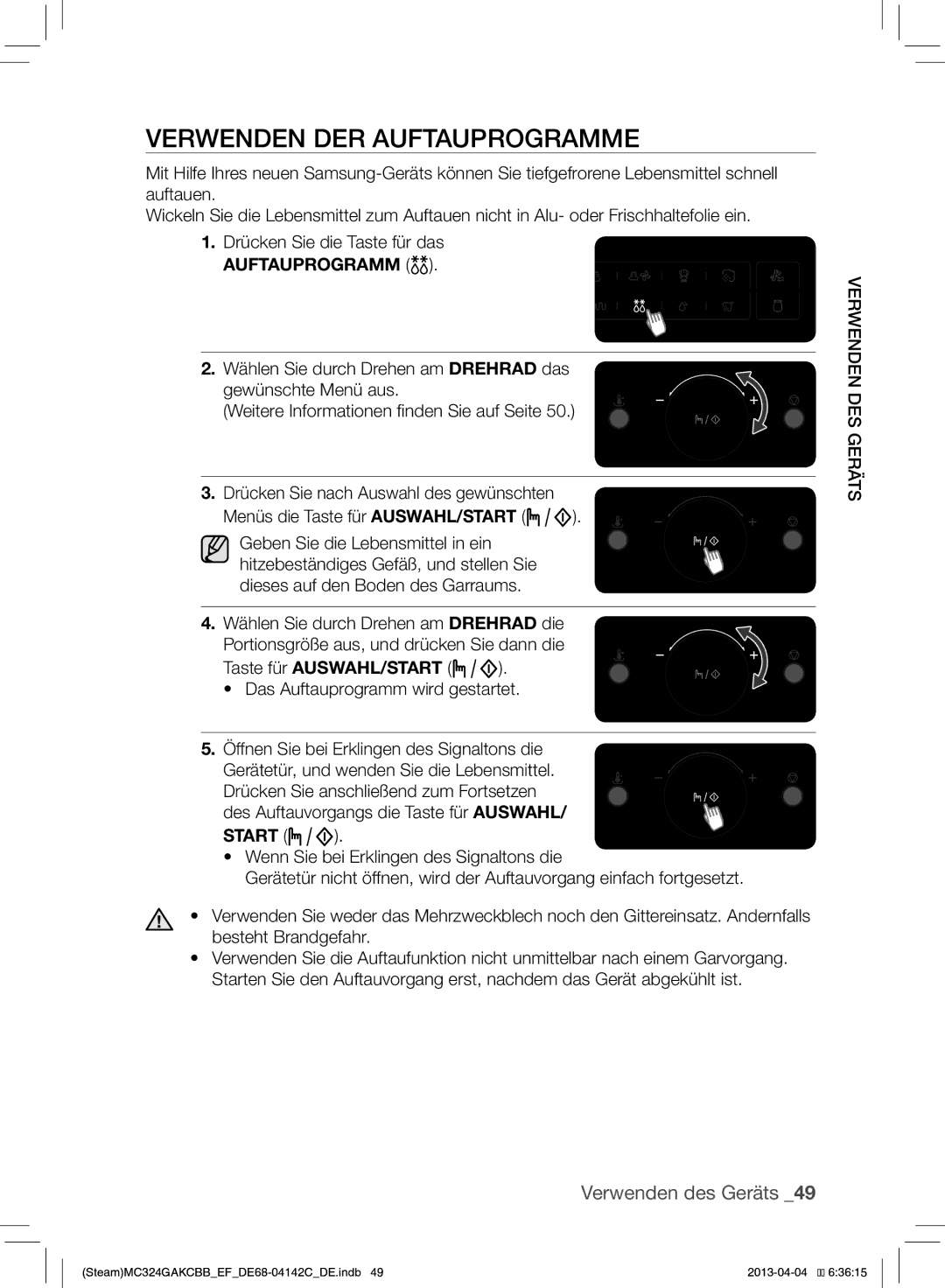 Samsung MC324GAKCBB/EF manual Verwenden DER Auftauprogramme, Taste für AUSWAHL/START, Start 