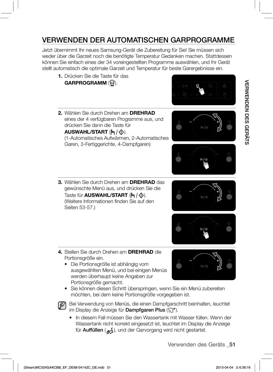 Samsung MC324GAKCBB/EF manual Verwenden DER Automatischen Garprogramme, Auswahl/Start 