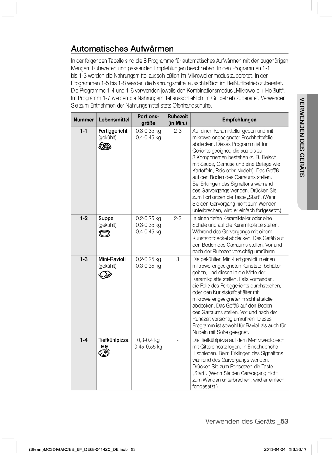 Samsung MC324GAKCBB/EF manual Automatisches Aufwärmen 