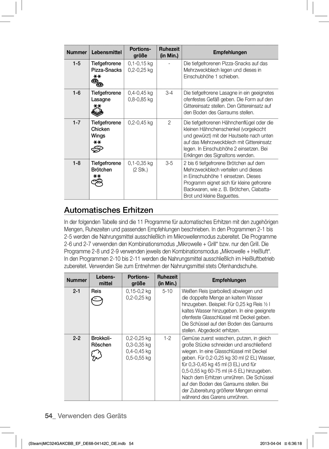 Samsung MC324GAKCBB/EF manual Automatisches Erhitzen, Lebens Portions 