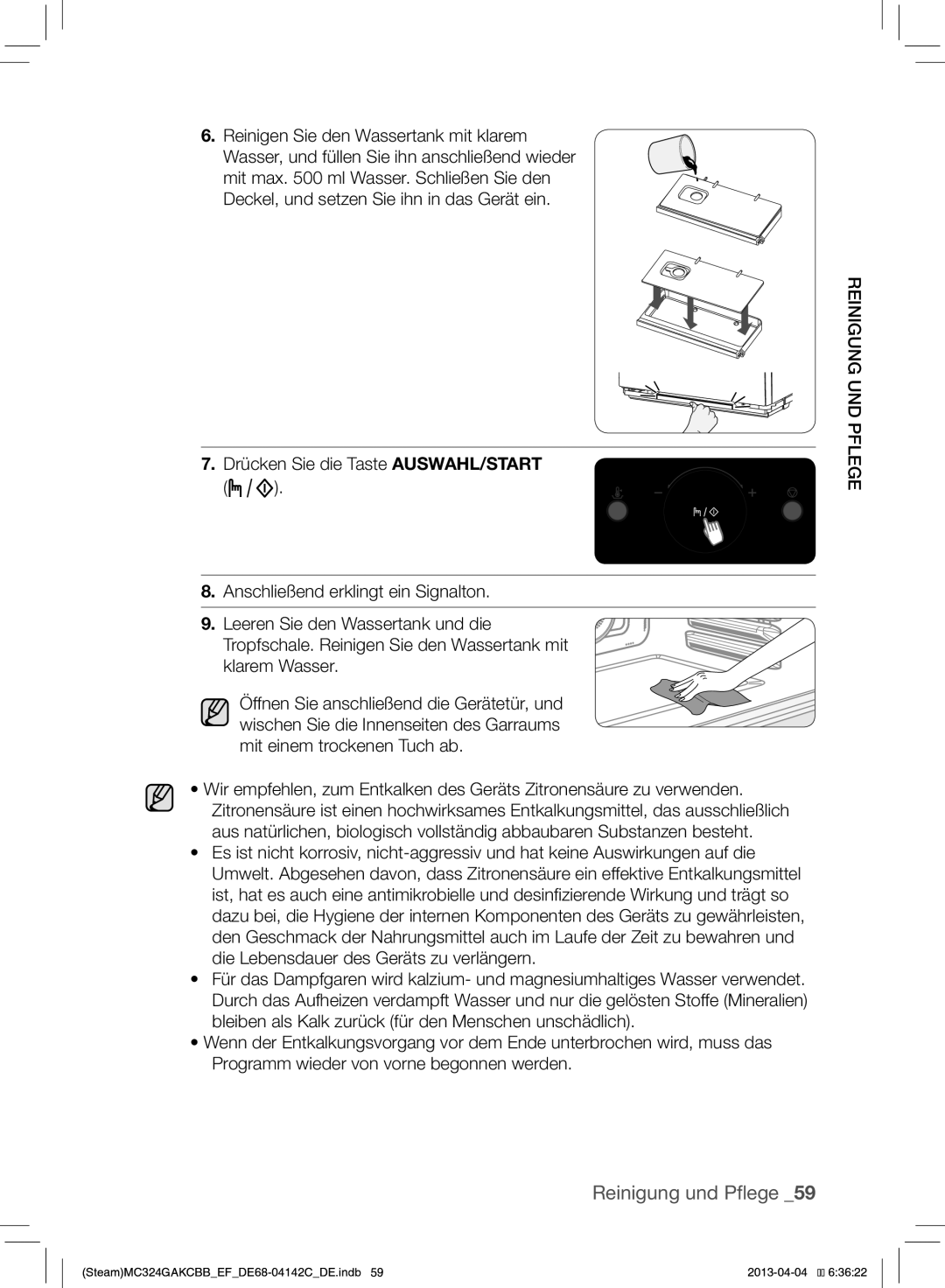 Samsung MC324GAKCBB/EF manual Reinigen Sie den Wassertank mit klarem 