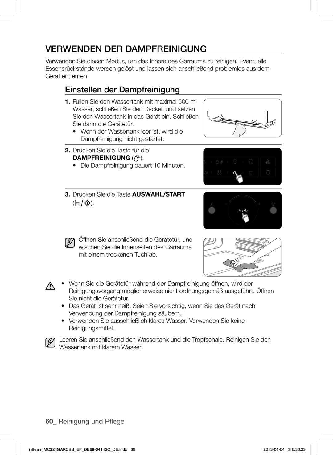 Samsung MC324GAKCBB/EF manual Verwenden DER Dampfreinigung, Einstellen der Dampfreinigung 