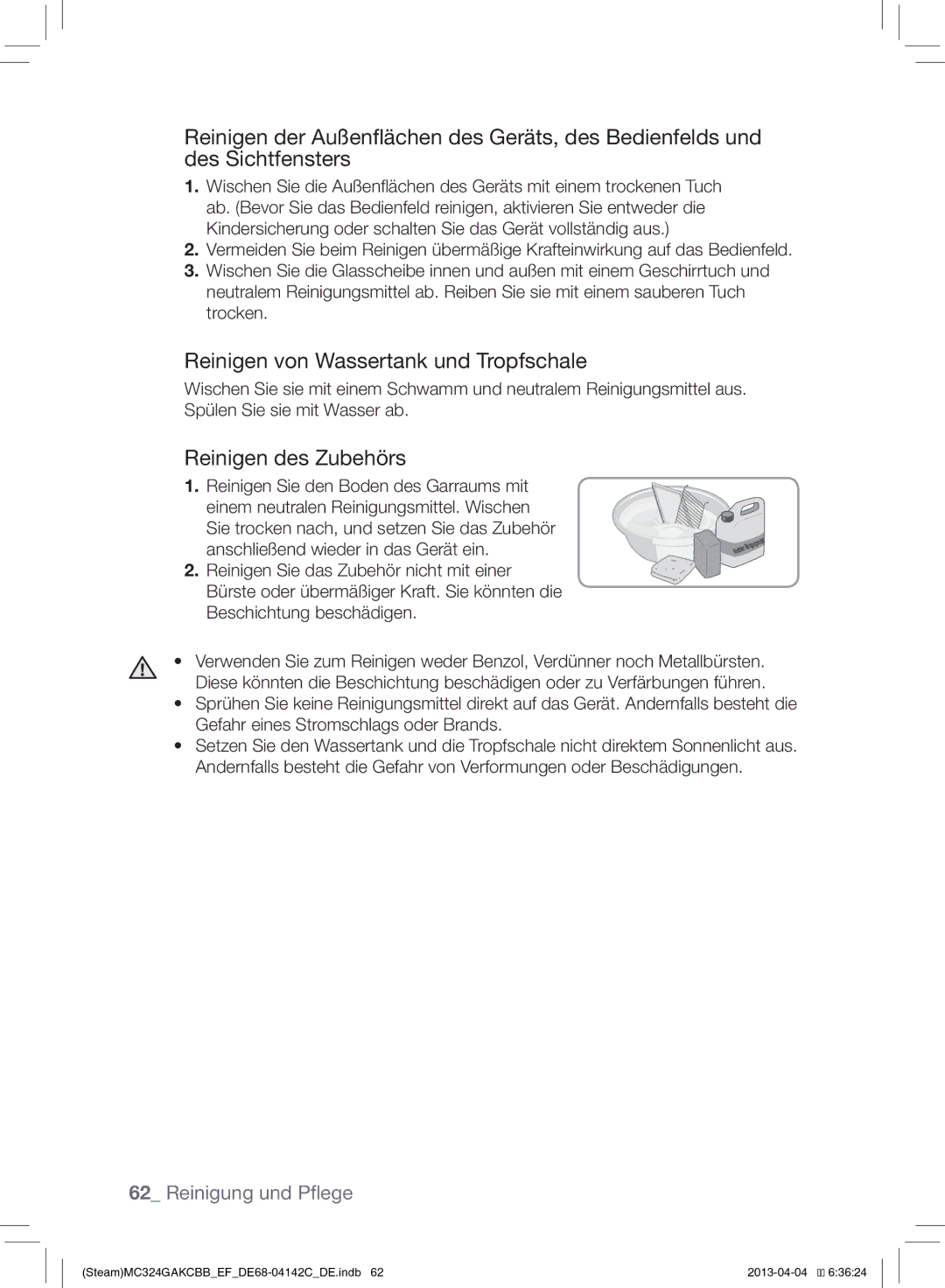 Samsung MC324GAKCBB/EF manual Reinigen von Wassertank und Tropfschale, Reinigen des Zubehörs 