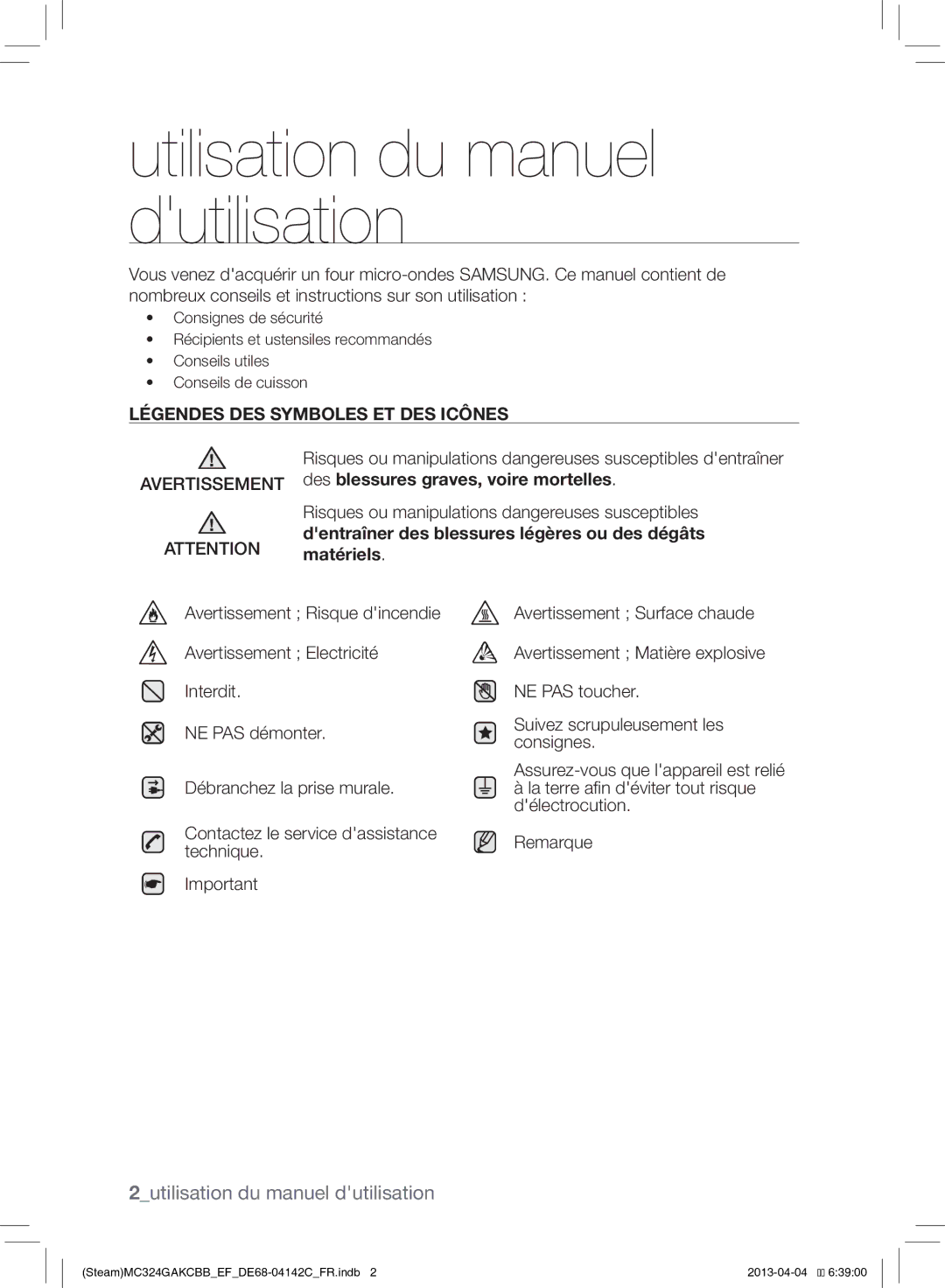 Samsung MC324GAKCBB/EF manual 2utilisation du manuel dutilisation, Légendes DES Symboles ET DES Icônes 