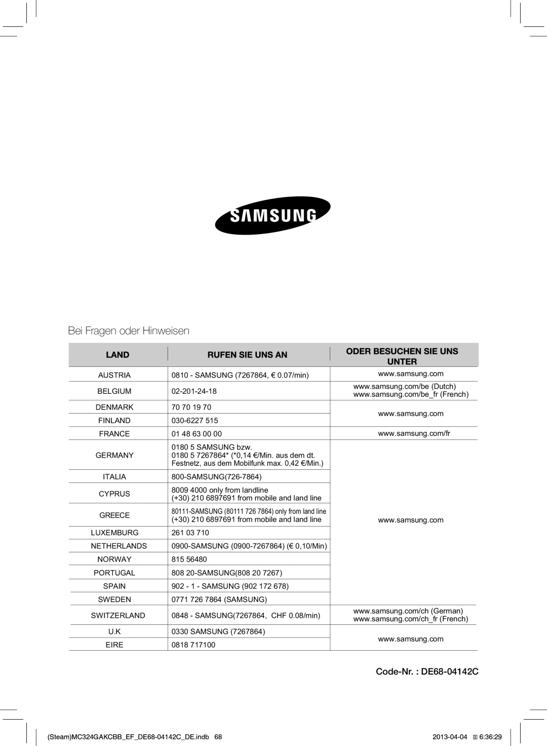 Samsung MC324GAKCBB/EF manual Bei Fragen oder Hinweisen, Code-Nr. DE68-04142C 