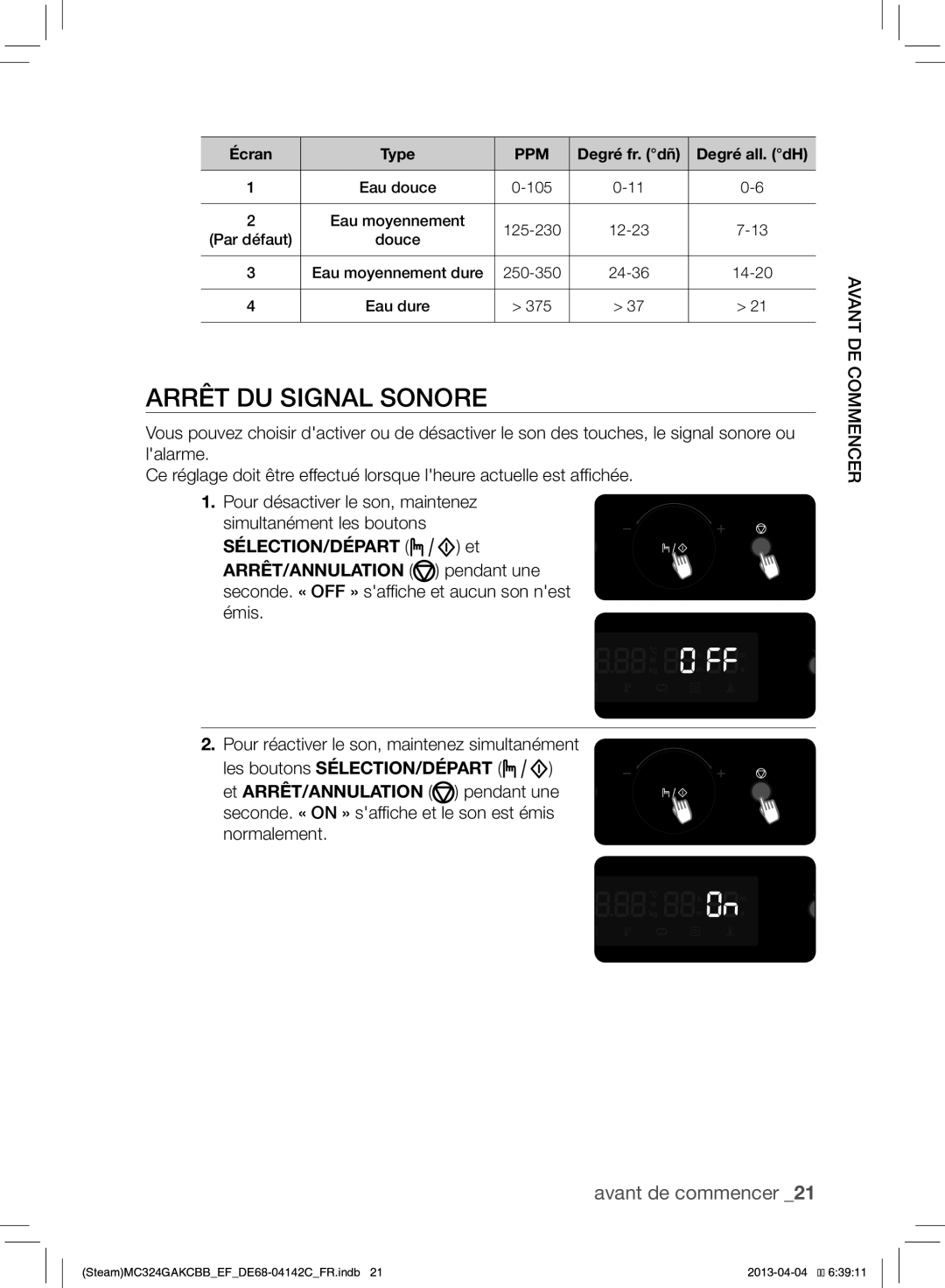 Samsung MC324GAKCBB/EF manual Arrêt DU Signal Sonore, Pour réactiver le son, maintenez simultanément, Normalement 