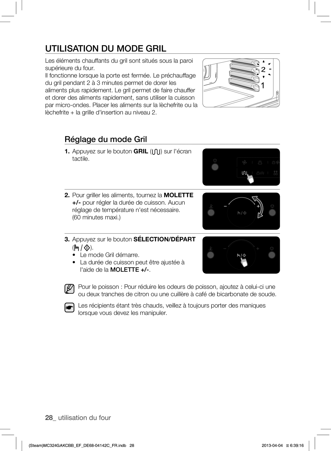 Samsung MC324GAKCBB/EF manual Utilisation DU Mode Gril, Réglage du mode Gril 