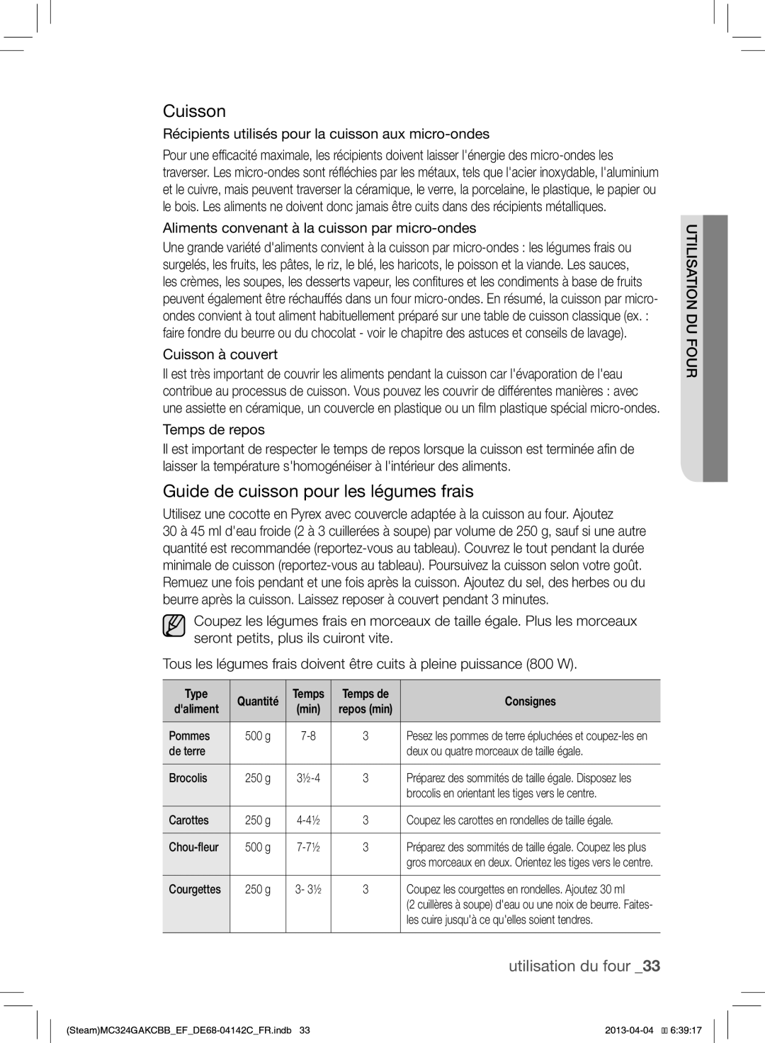 Samsung MC324GAKCBB/EF manual Cuisson, Guide de cuisson pour les légumes frais 