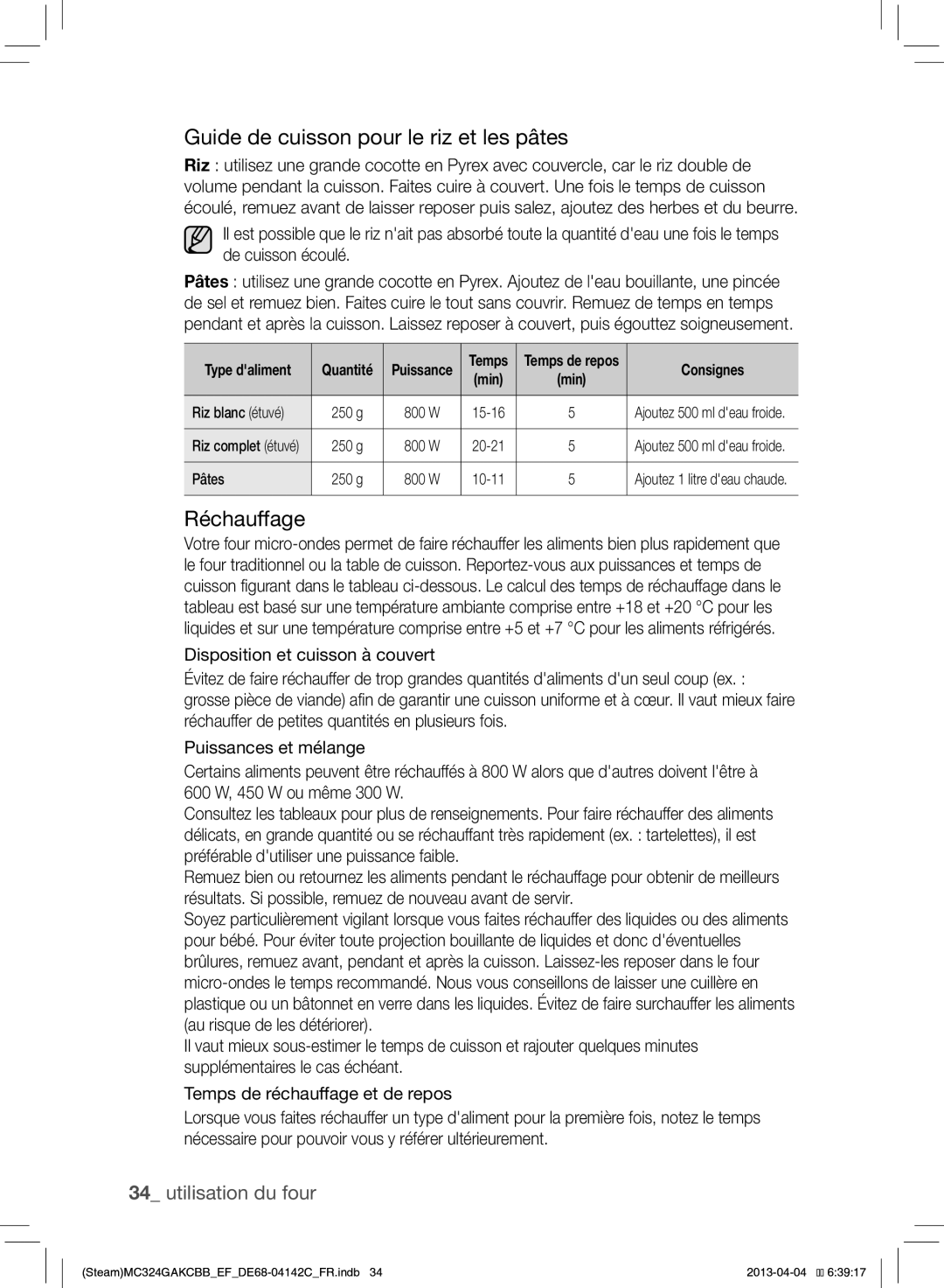 Samsung MC324GAKCBB/EF manual Guide de cuisson pour le riz et les pâtes, Réchauffage, Riz blanc étuvé, Pâtes 