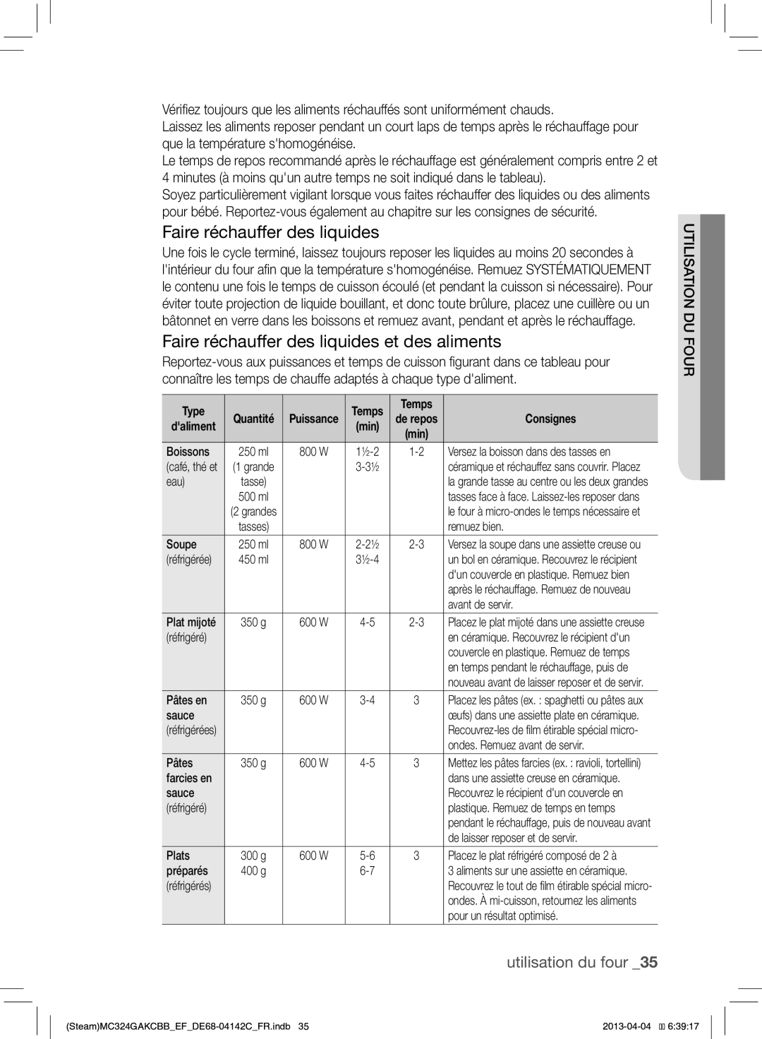 Samsung MC324GAKCBB/EF manual Faire réchauffer des liquides et des aliments 