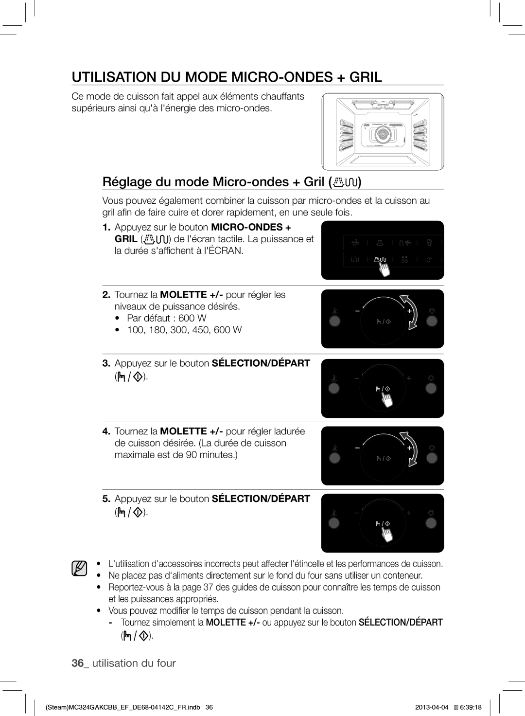 Samsung MC324GAKCBB/EF manual Utilisation DU Mode MICRO-ONDES + Gril, Réglage du mode Micro-ondes + Gril 