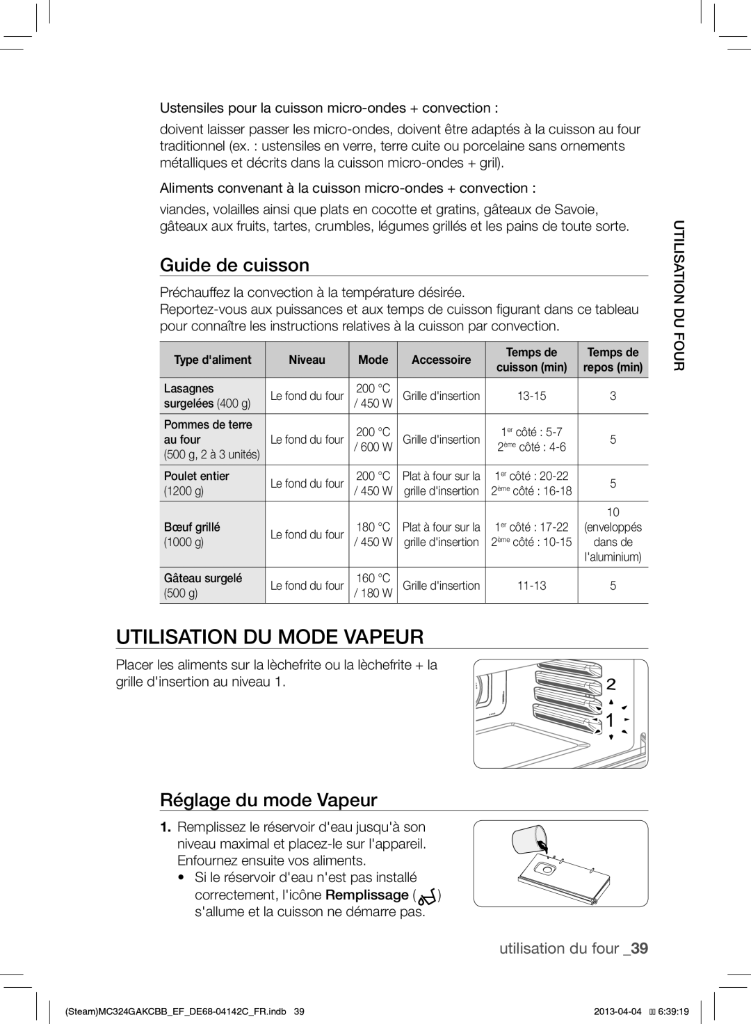 Samsung MC324GAKCBB/EF manual Utilisation DU Mode Vapeur, Réglage du mode Vapeur, Remplissez le réservoir deau jusquà son 