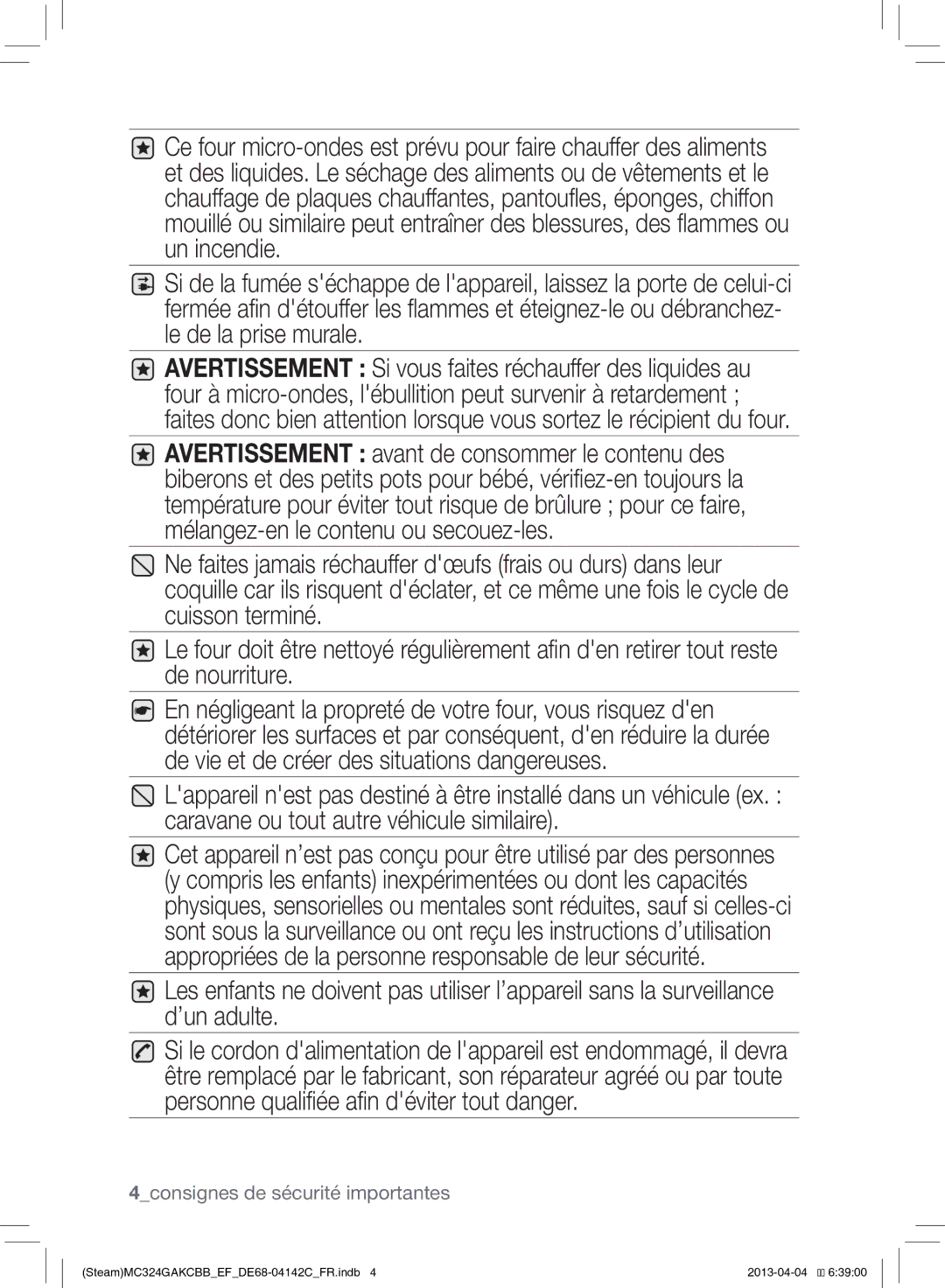 Samsung MC324GAKCBB/EF manual 4consignes de sécurité importantes 