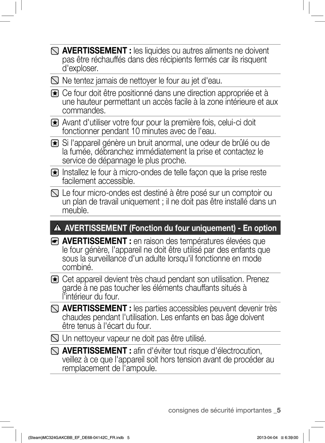 Samsung MC324GAKCBB/EF manual Avertissement Fonction du four uniquement En option 