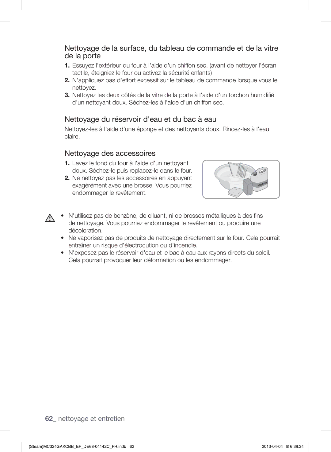 Samsung MC324GAKCBB/EF manual Nettoyage du réservoir deau et du bac à eau, Nettoyage des accessoires 