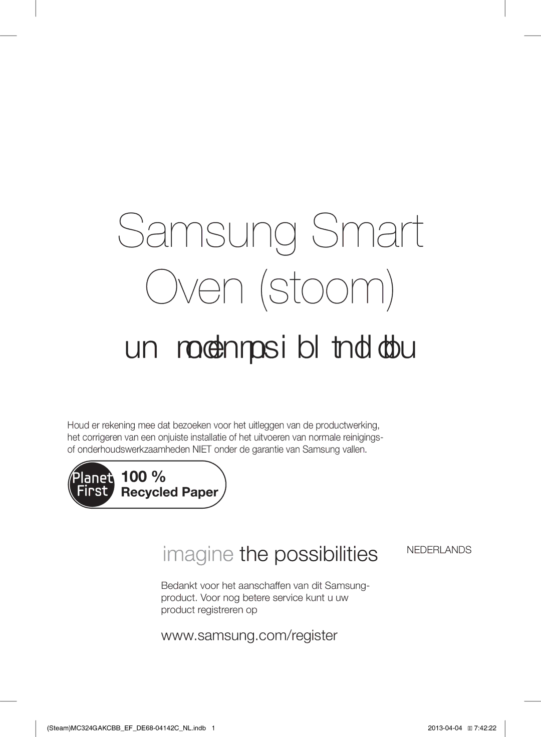 Samsung MC324GAKCBB/EF manual Samsung Smart Oven stoom, Deze handleiding is gemaakt van 100 % gerecycled papier 