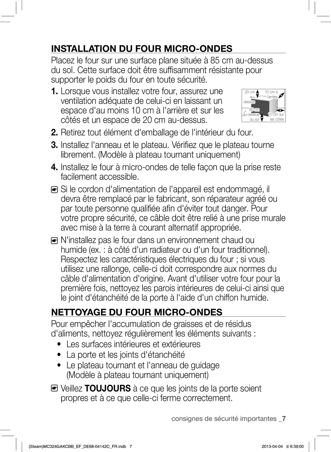 Samsung MC324GAKCBB/EF manual Installation DU Four MICRO-ONDES 