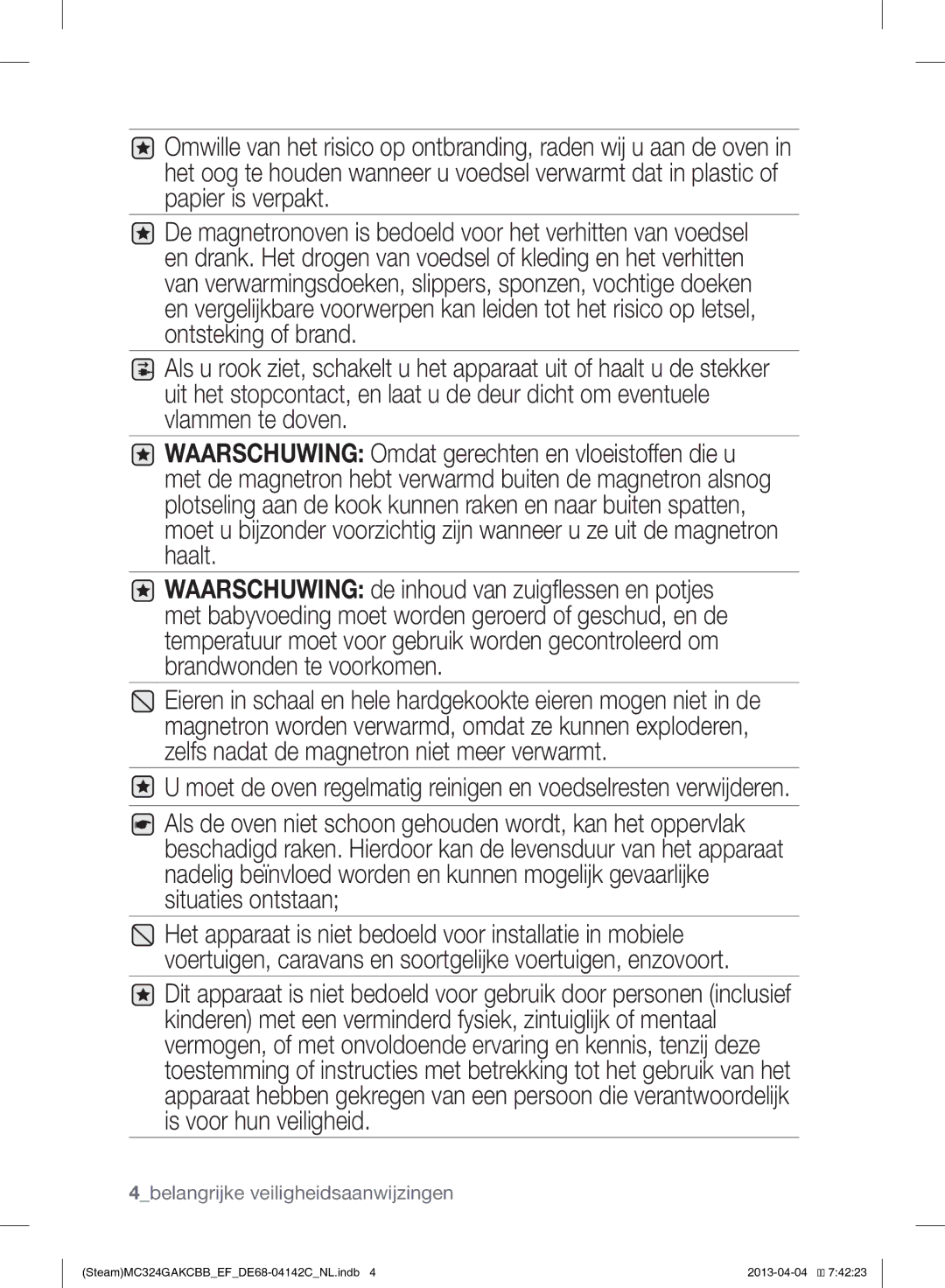 Samsung MC324GAKCBB/EF manual 4belangrijke veiligheidsaanwijzingen 