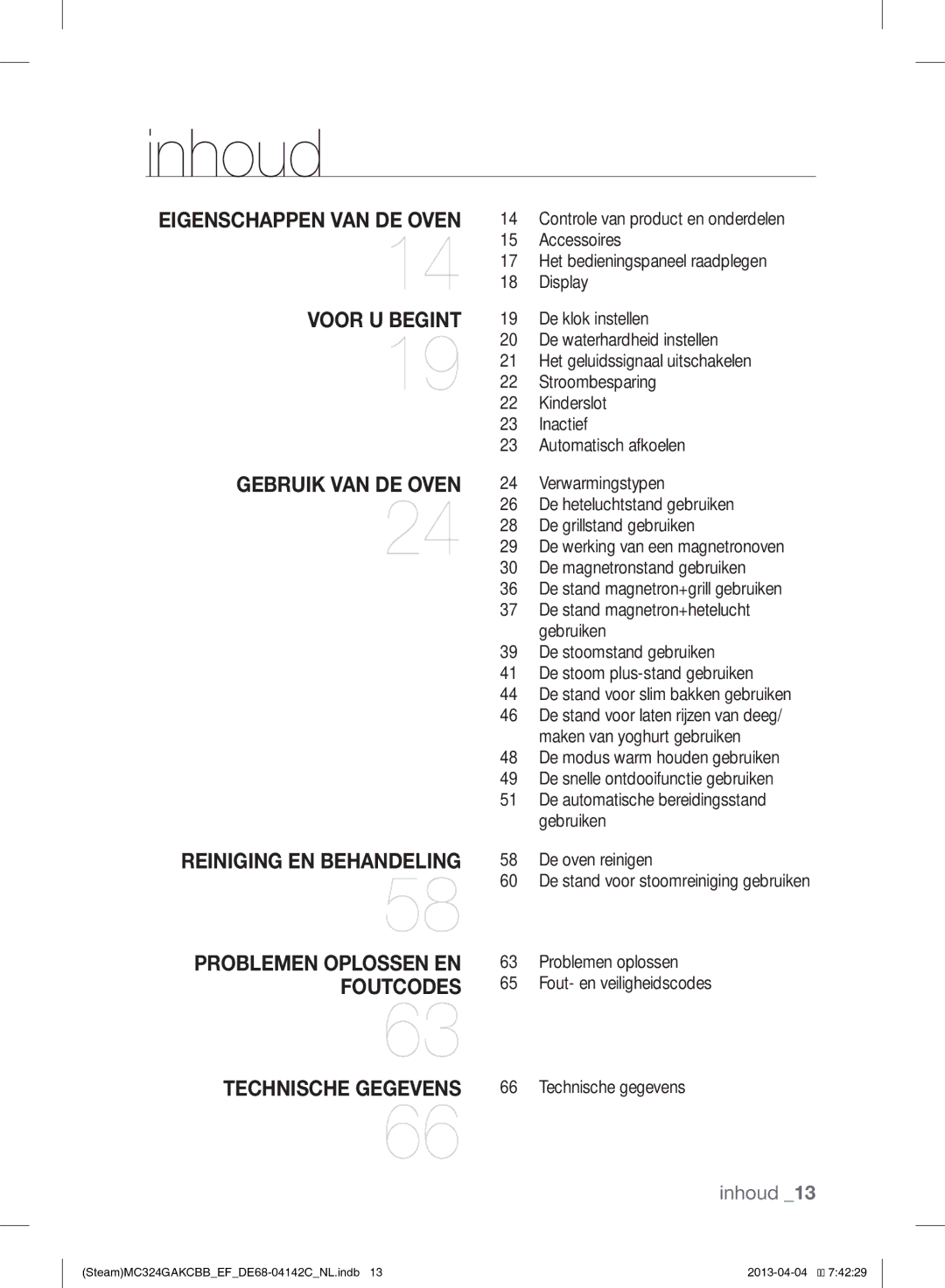 Samsung MC324GAKCBB/EF manual Inhoud, De stand magnetron+hetelucht gebruiken 