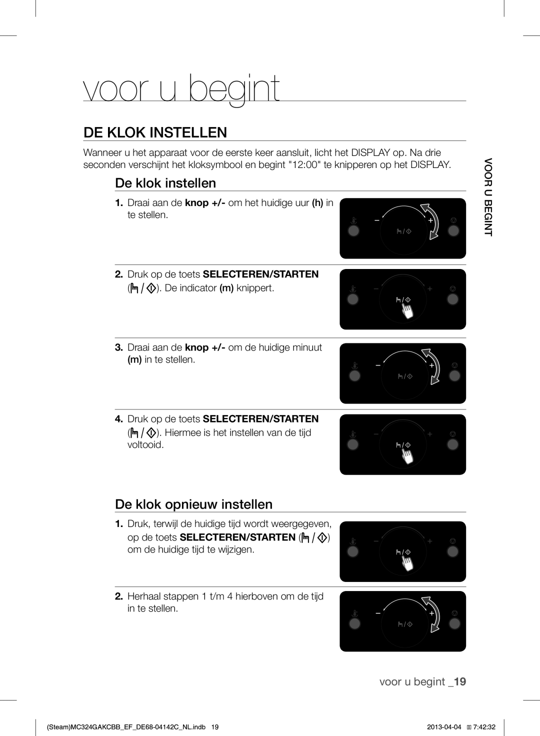 Samsung MC324GAKCBB/EF manual Voor u begint, DE Klok Instellen, De klok instellen, De klok opnieuw instellen 