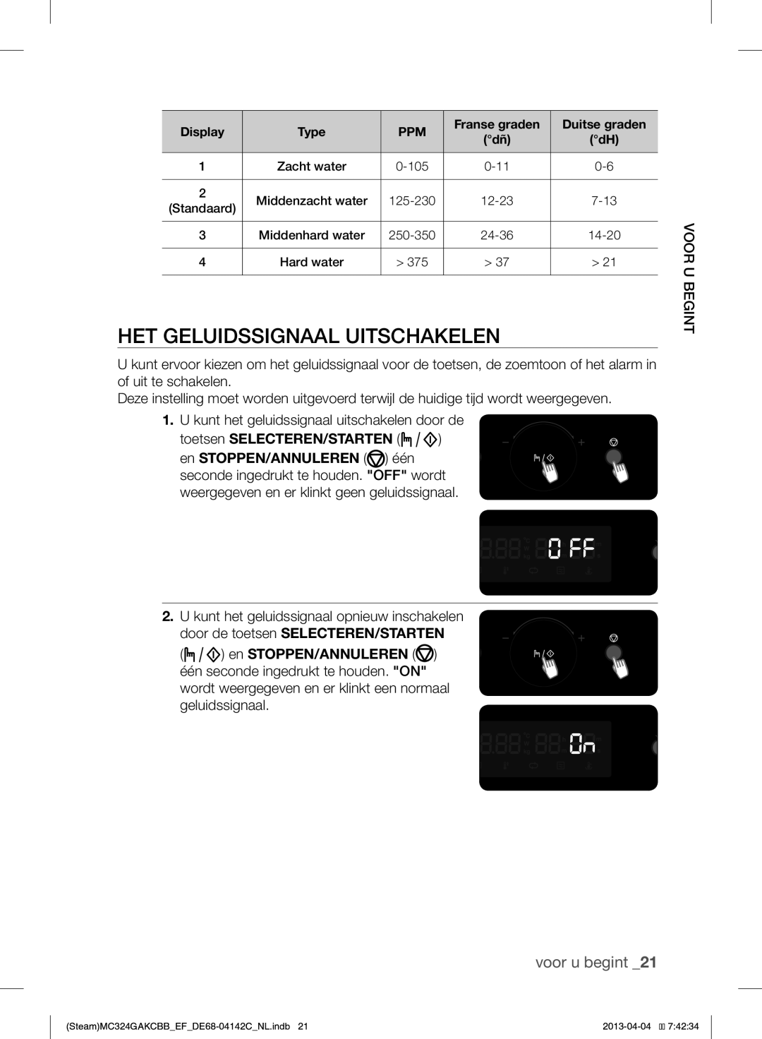 Samsung MC324GAKCBB/EF manual HET Geluidssignaal Uitschakelen, Toetsen SELECTEREN/STARTEN, Display Type 