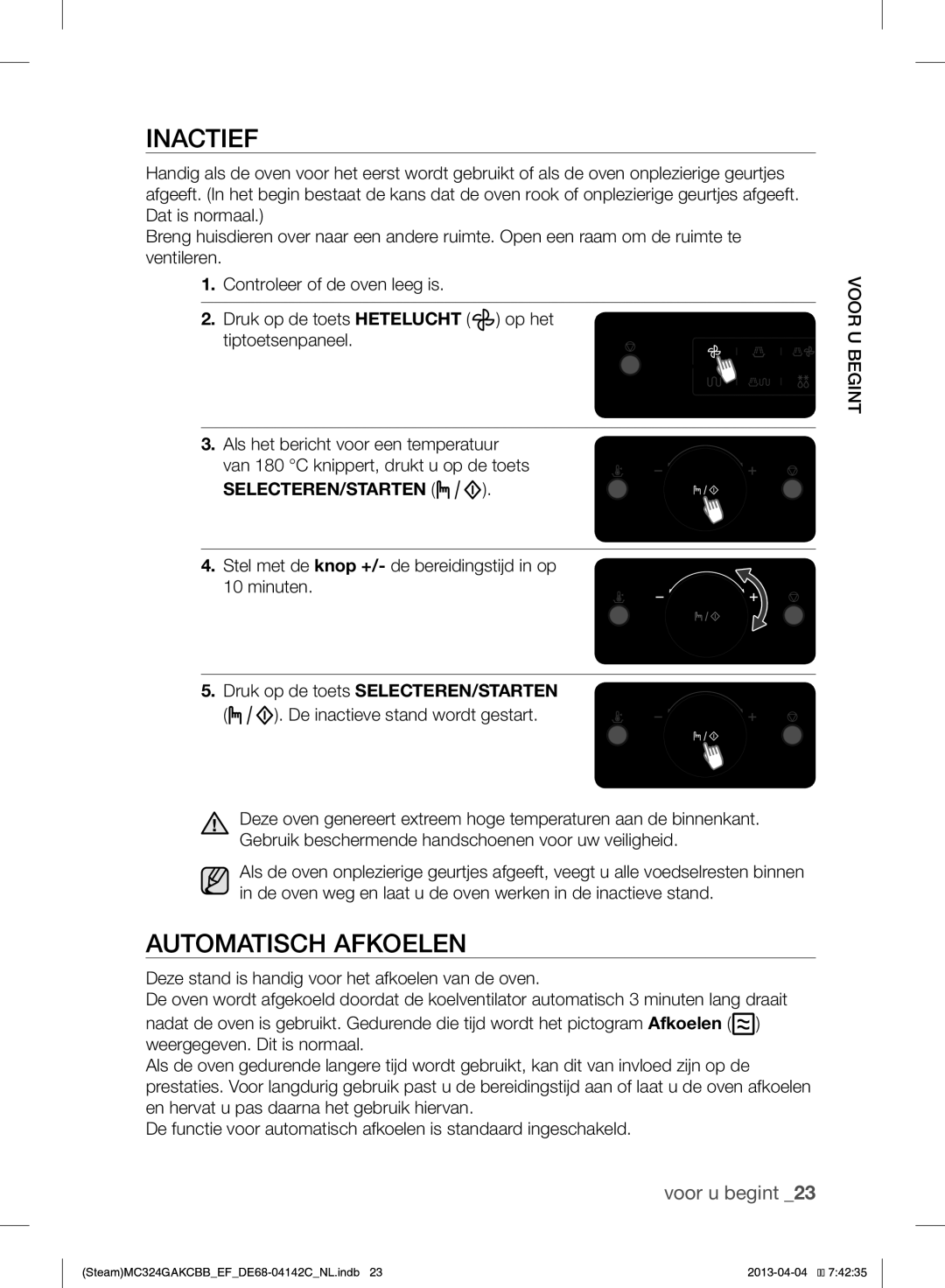 Samsung MC324GAKCBB/EF manual Inactief, Automatisch Afkoelen, Selecteren/Starten, De inactieve stand wordt gestart 