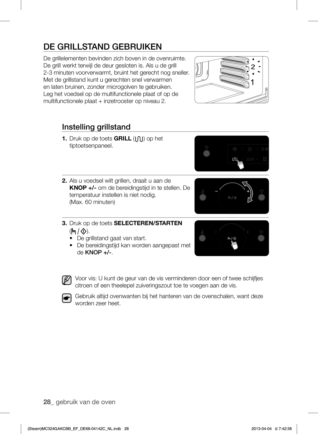 Samsung MC324GAKCBB/EF manual DE Grillstand Gebruiken, Instelling grillstand 