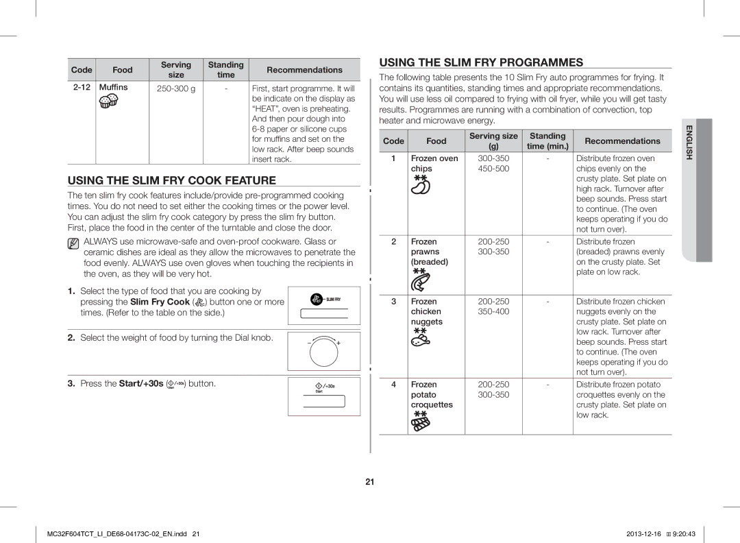 Samsung MC32F604TCT/LI manual Using the Slim FRY Cook Feature, Using the Slim FRY Programmes 