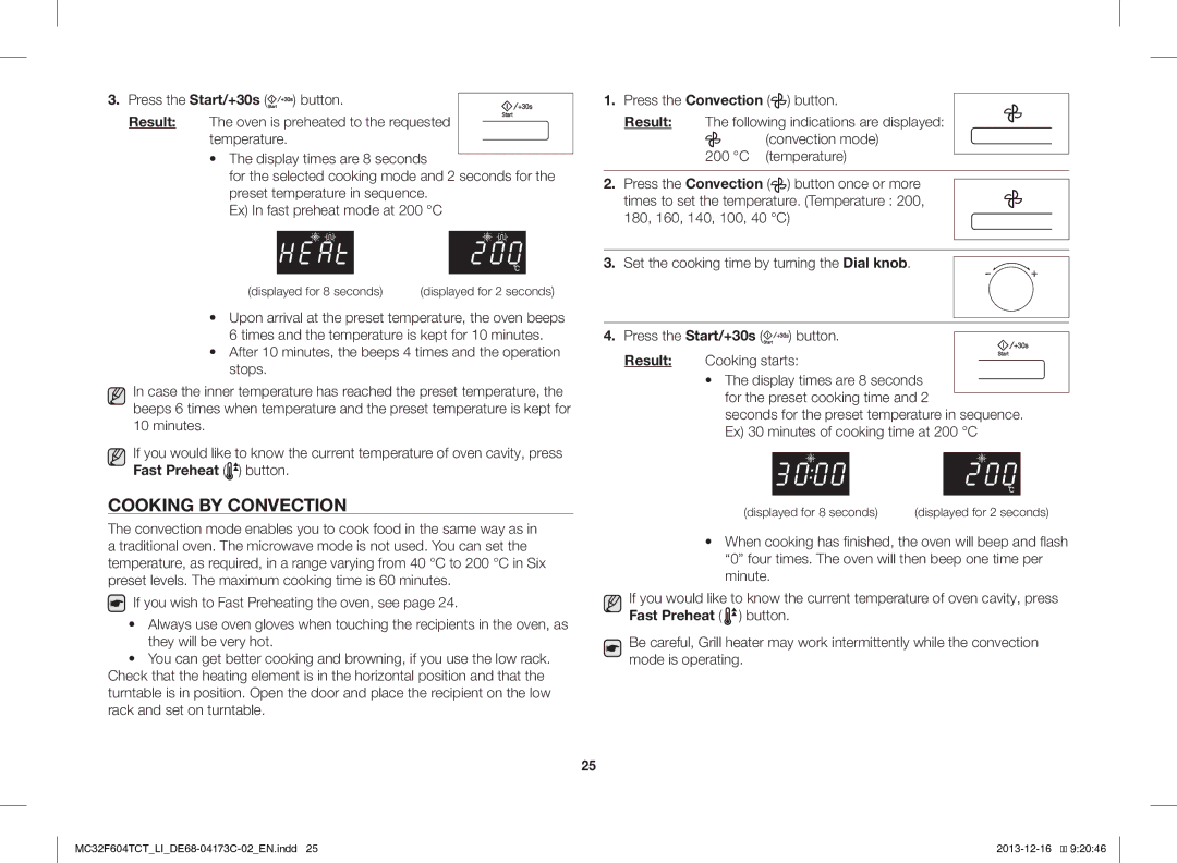 Samsung MC32F604TCT/LI manual Cooking by Convection, Convection mode, Displayed for 8 seconds 