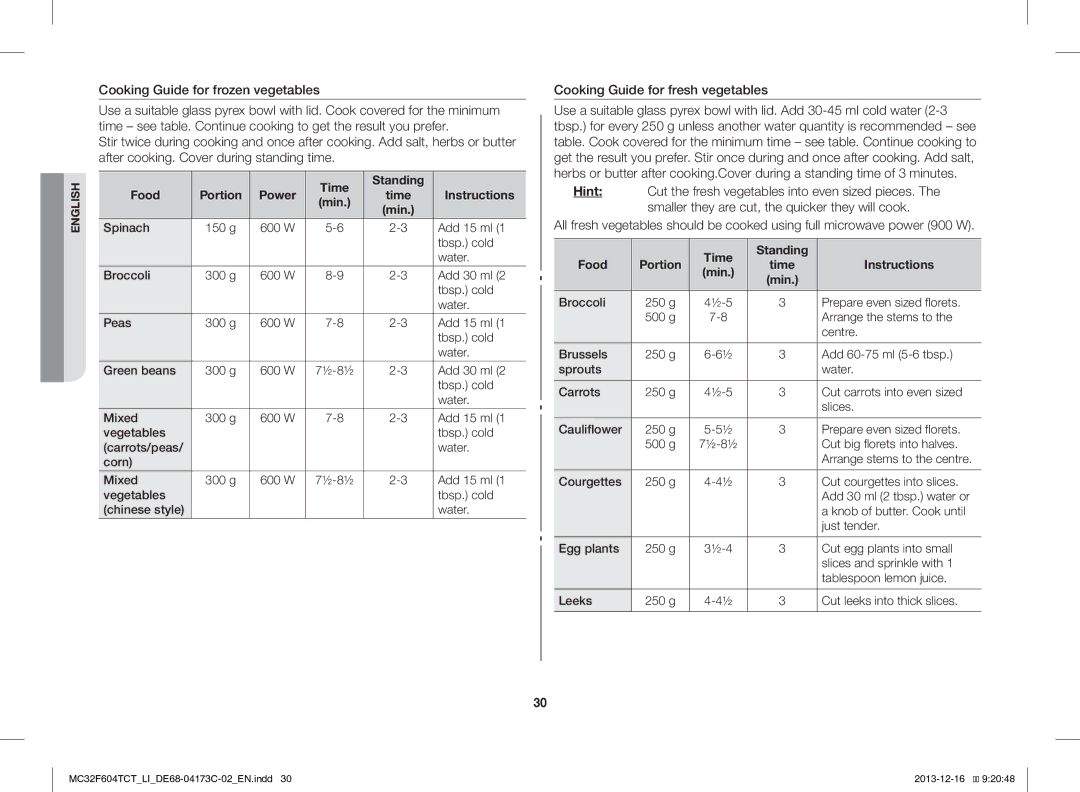 Samsung MC32F604TCT/LI manual Cooking Guide for frozen vegetables, Cooking Guide for fresh vegetables 