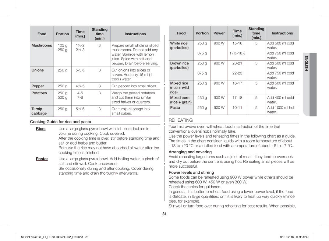 Samsung MC32F604TCT/LI manual Reheating, Time Instructions Min, Time Standing Food Portion Power 